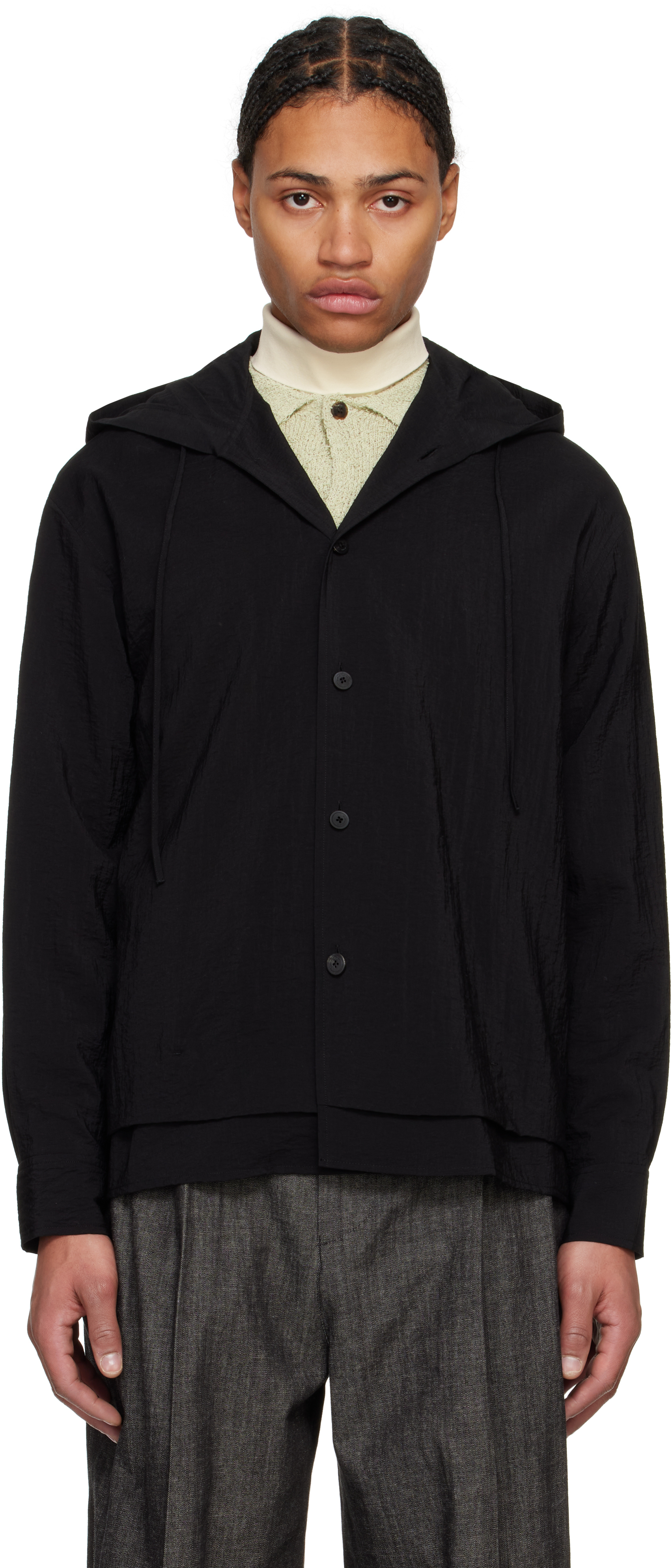 Black Double Layered Hooded Shirt