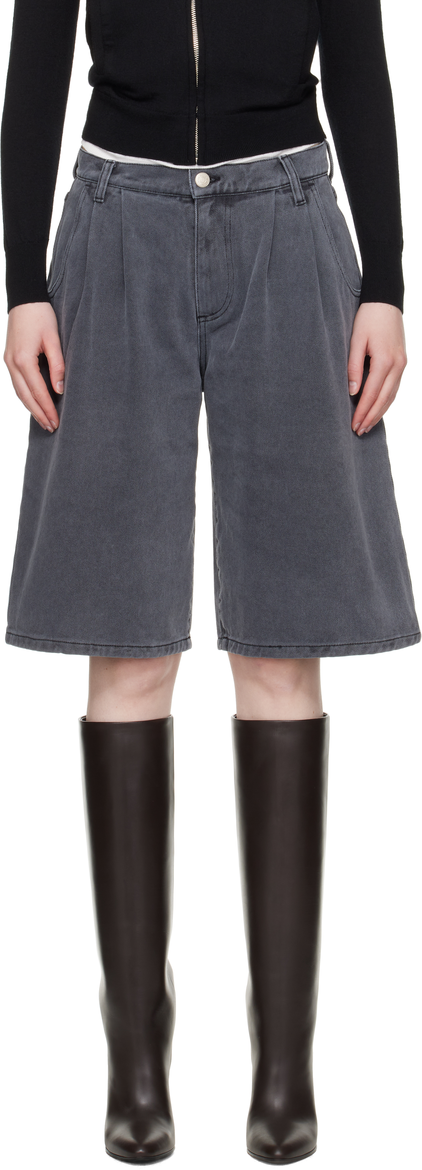 Gray Flower Rivet Denim Shorts