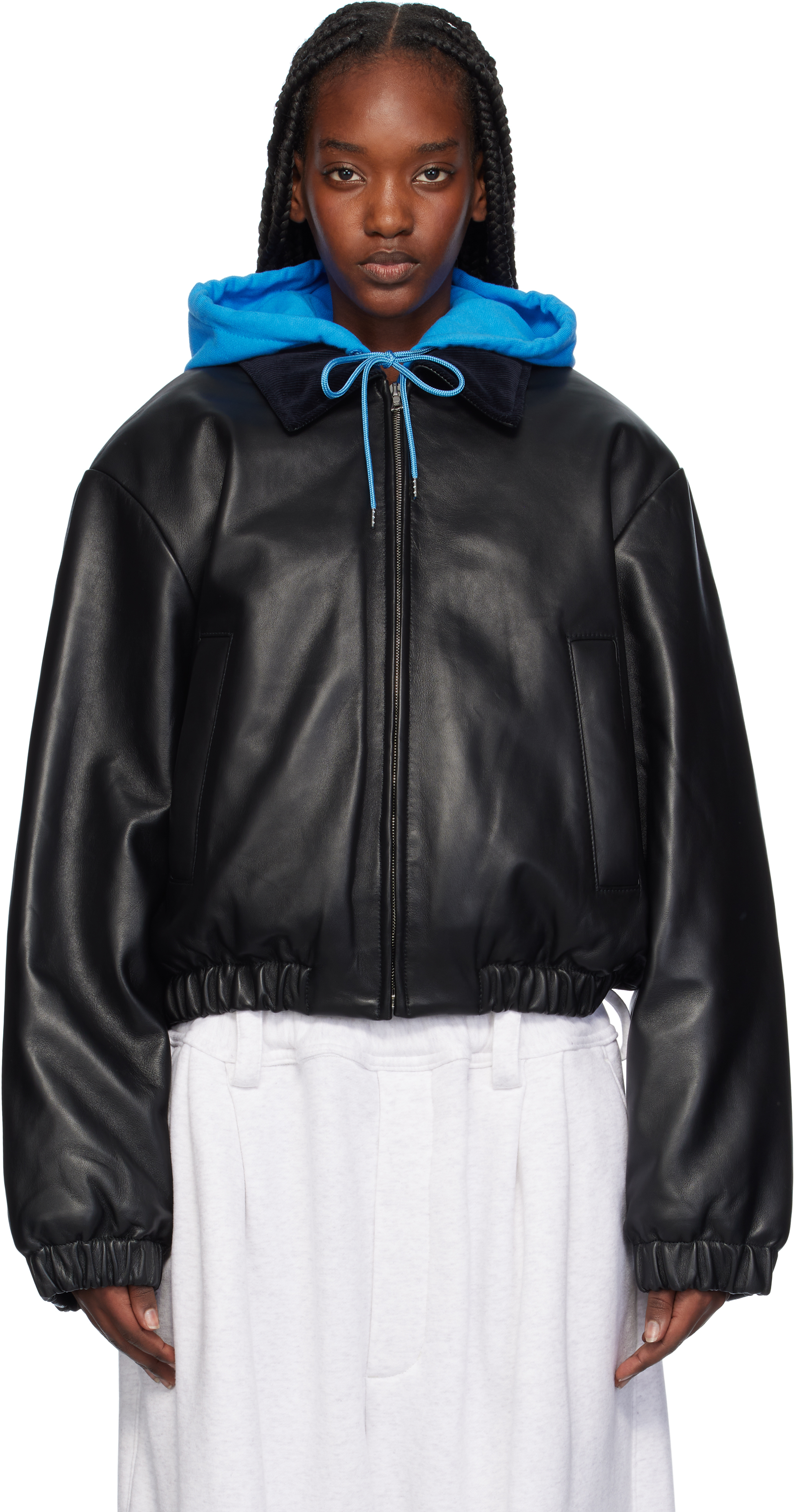 Black & Blue Layered Leather Bomber Jacket