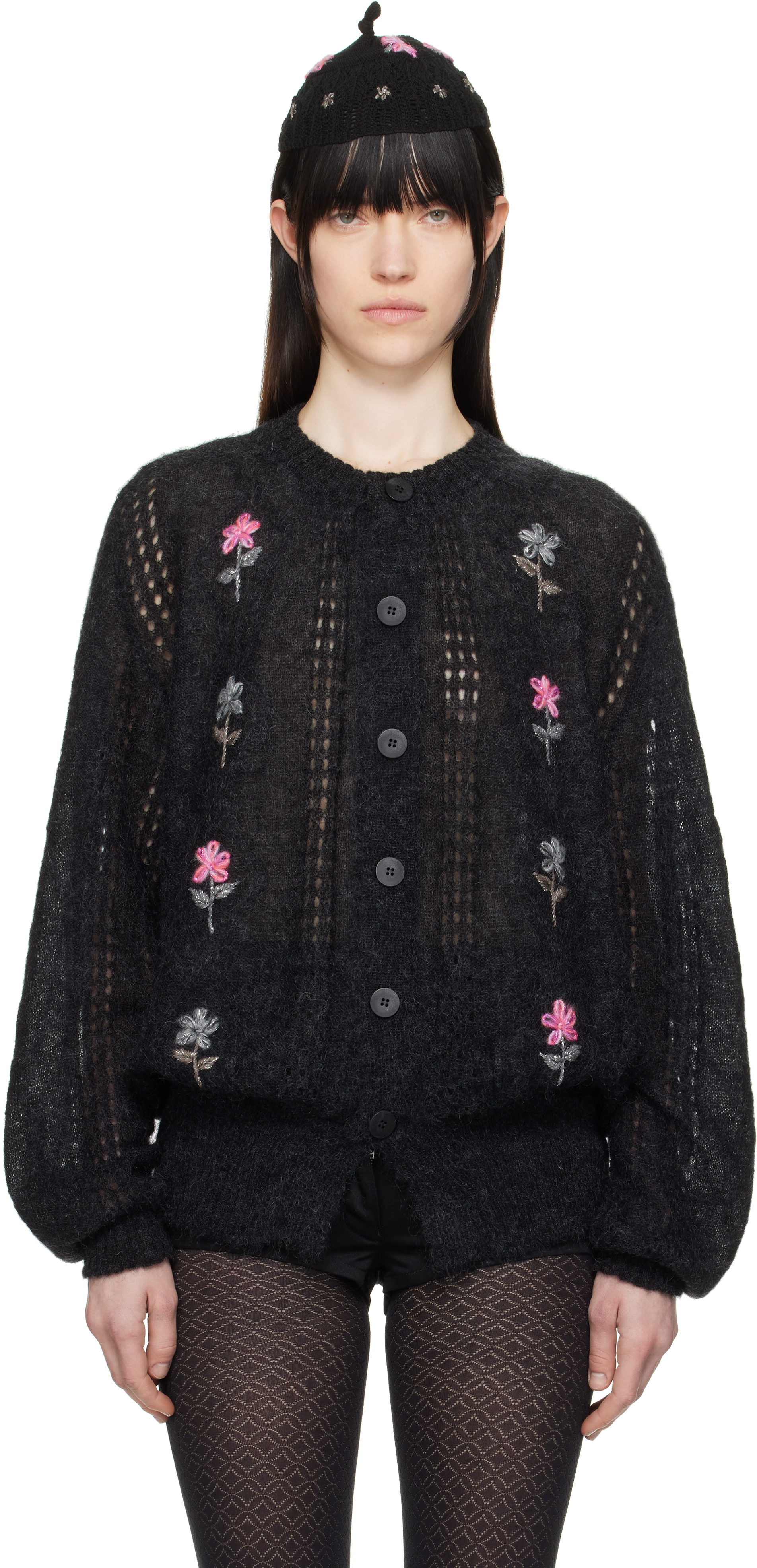 Hand Knit Vintage Mohair Blend Embroidered Cardigan Black