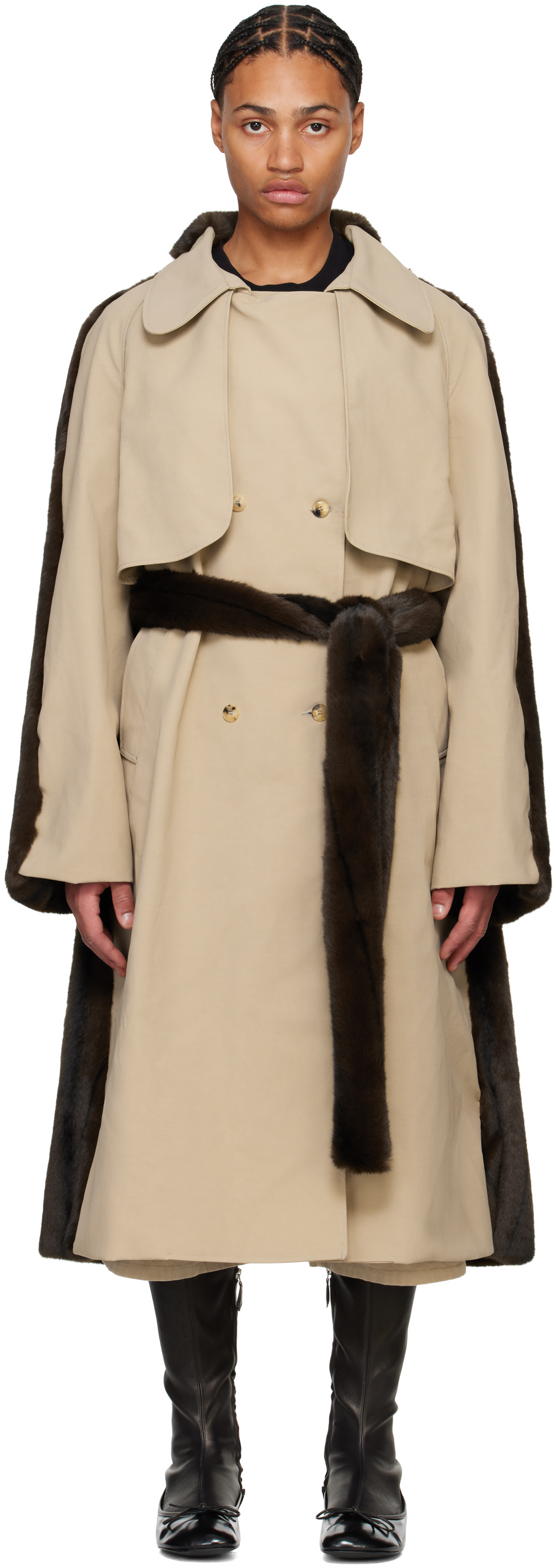 Beige & Brown Hybrid Faux-Fur Trench Coat