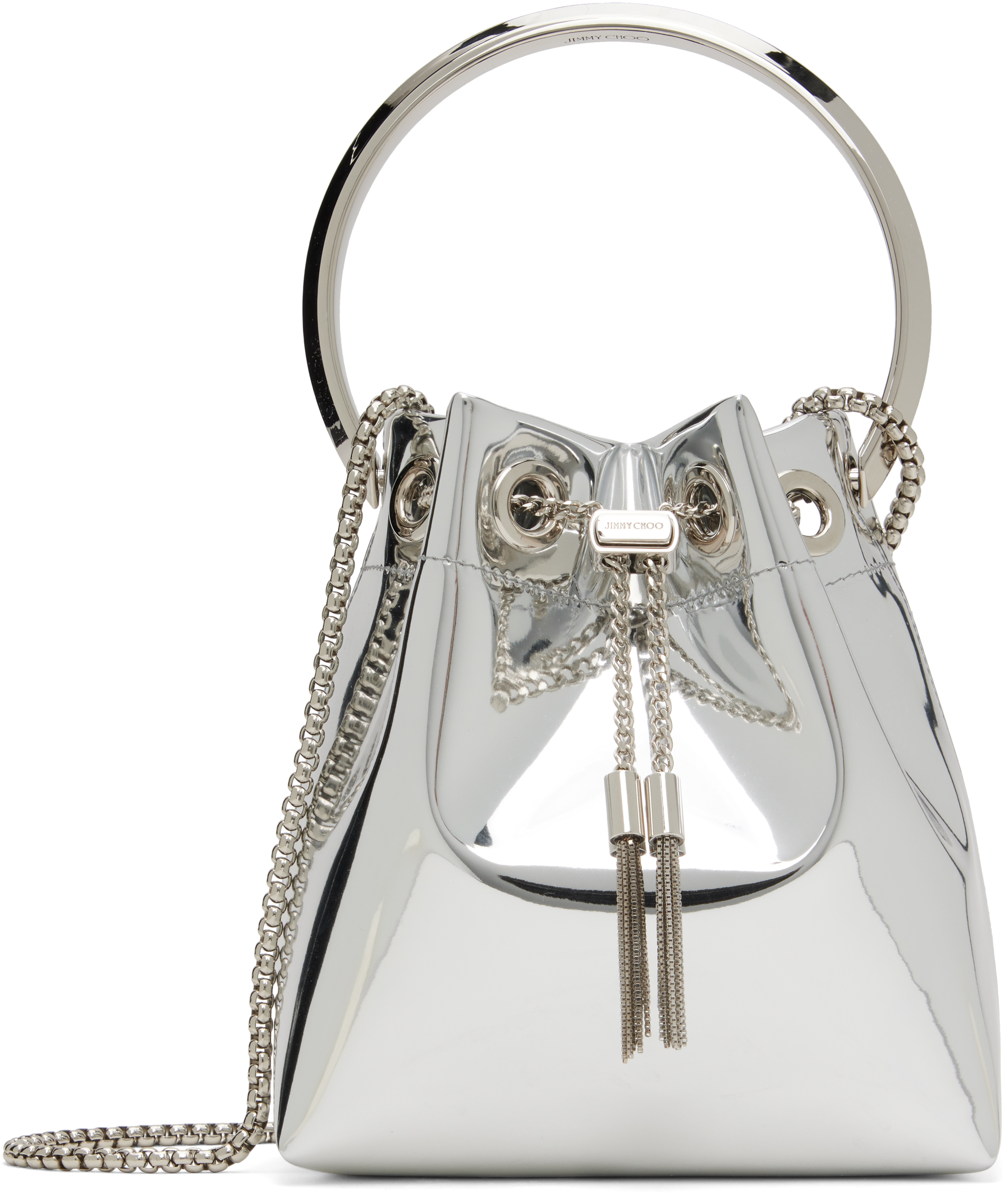 ★Jimmy Choo★ シルバー Bon Bon バッグ メタルハンドル付き シルバーミラーファブリック・ミニバッグ