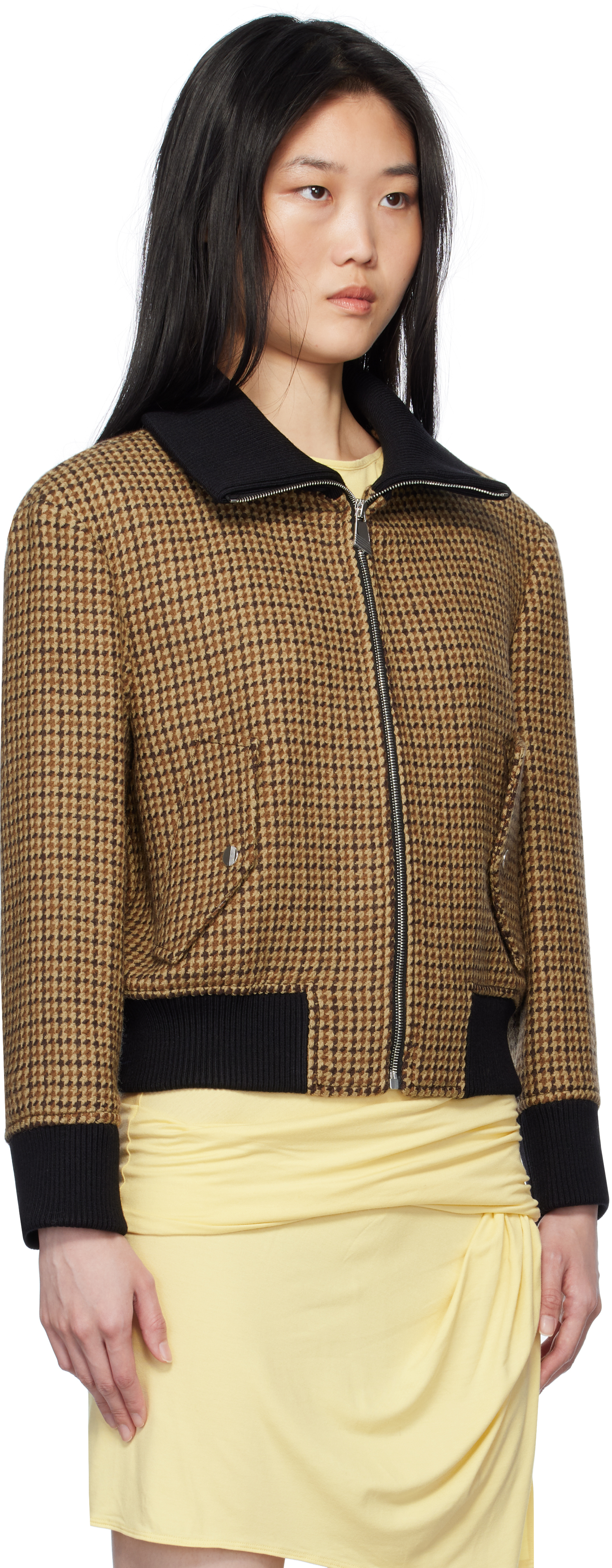 Attico Beige & Brown Houndstooth Bomber Jacket In 064 Brown
