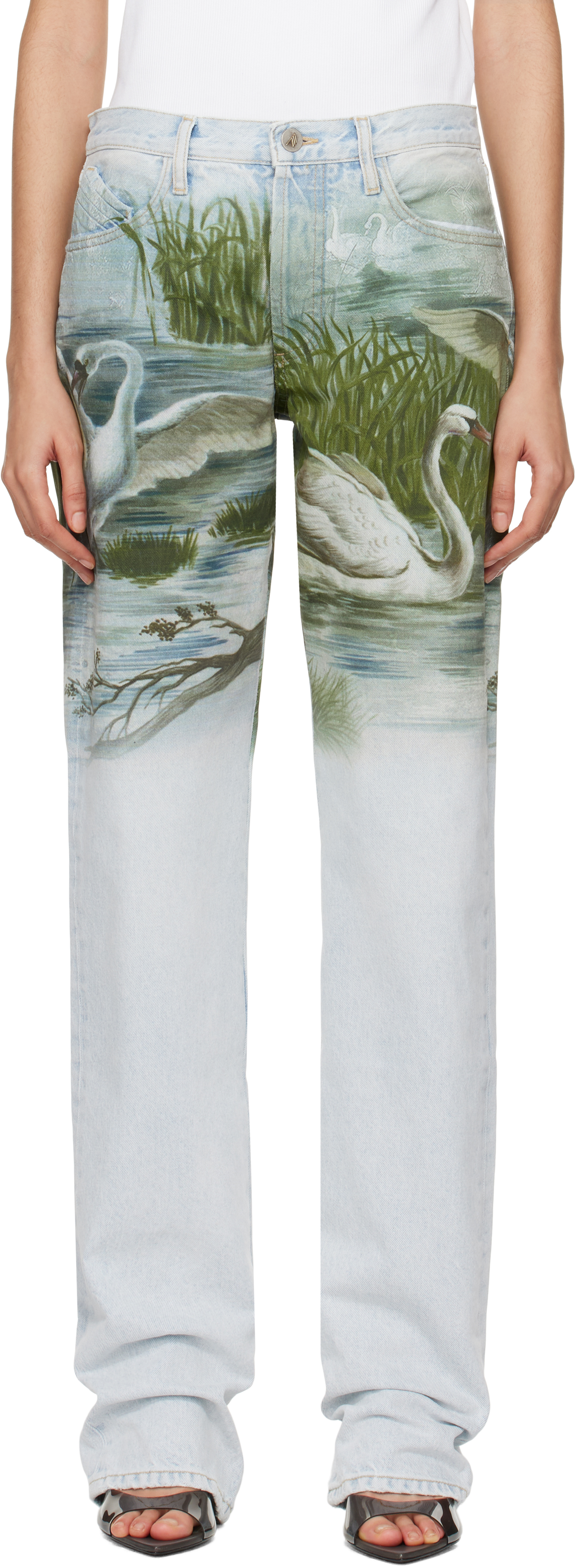 Blue Swan Print Jeans