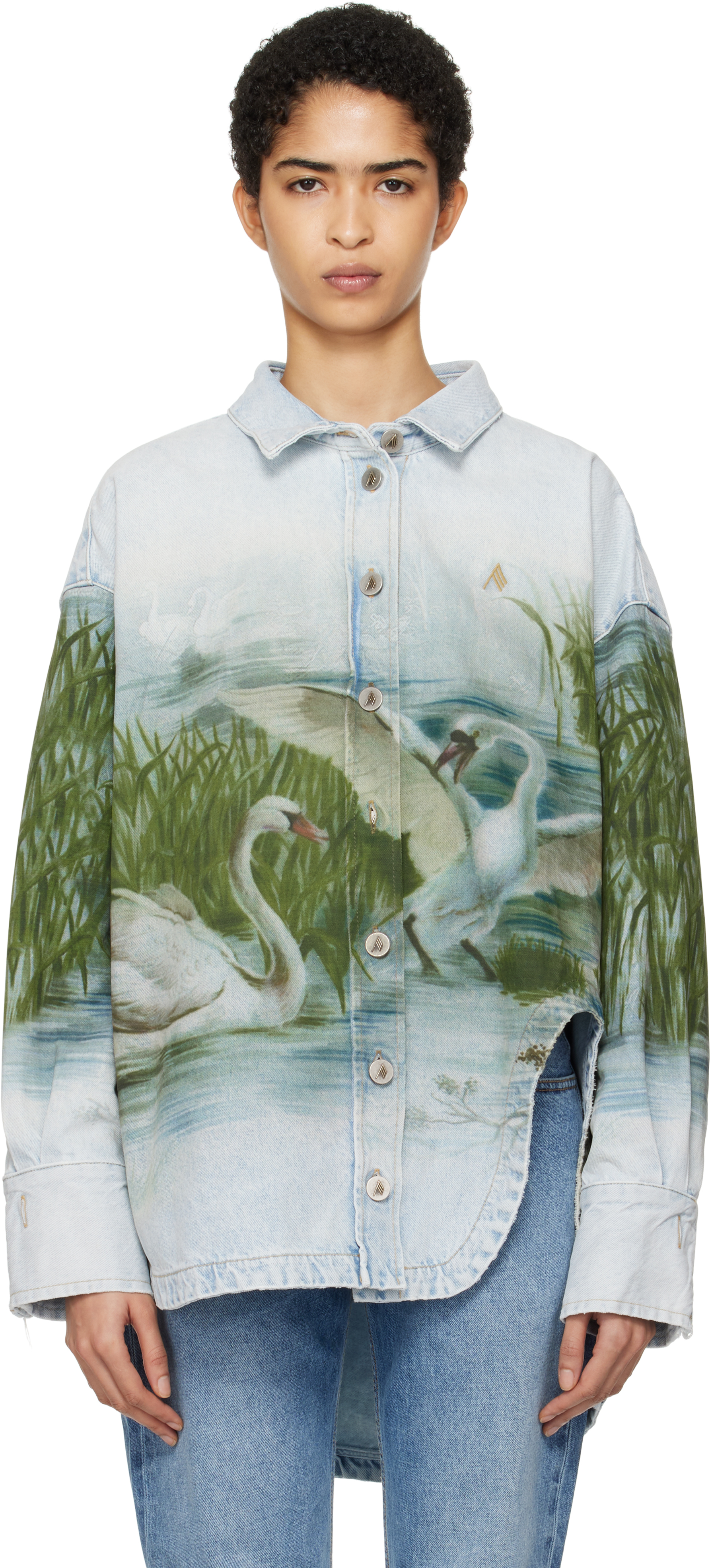 Blue Swan Print Denim Shirt