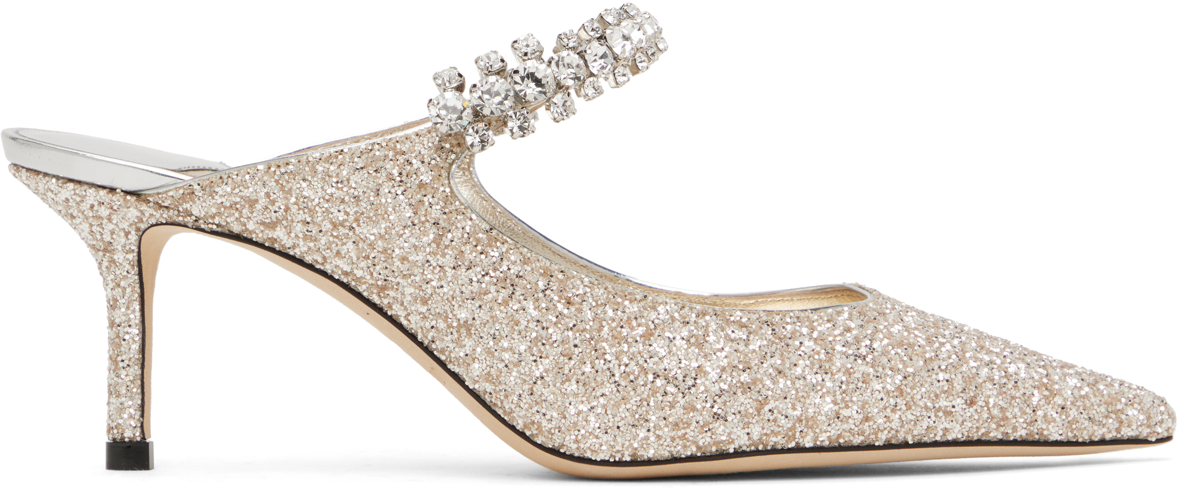 サンダル・ミュール JIMMY CHOO BING 65 GLITTERED LEATHER MULES Bing 65 | Ballet Pink Patent Leather Mules with Crystal