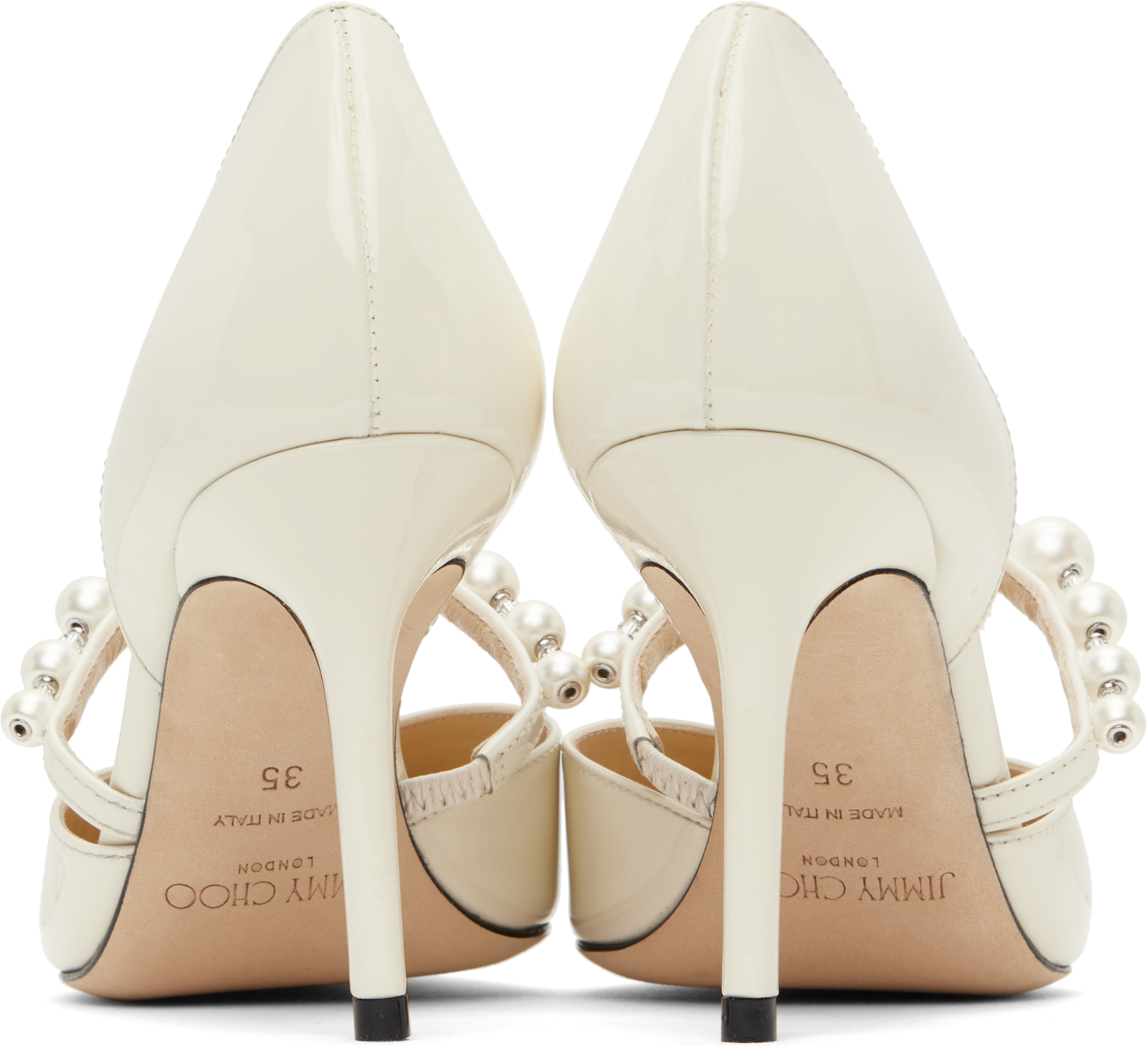 Jimmy Choo Aurelie 85 Faux Pearl-embellished Patent-leather Pumps In Latte/white