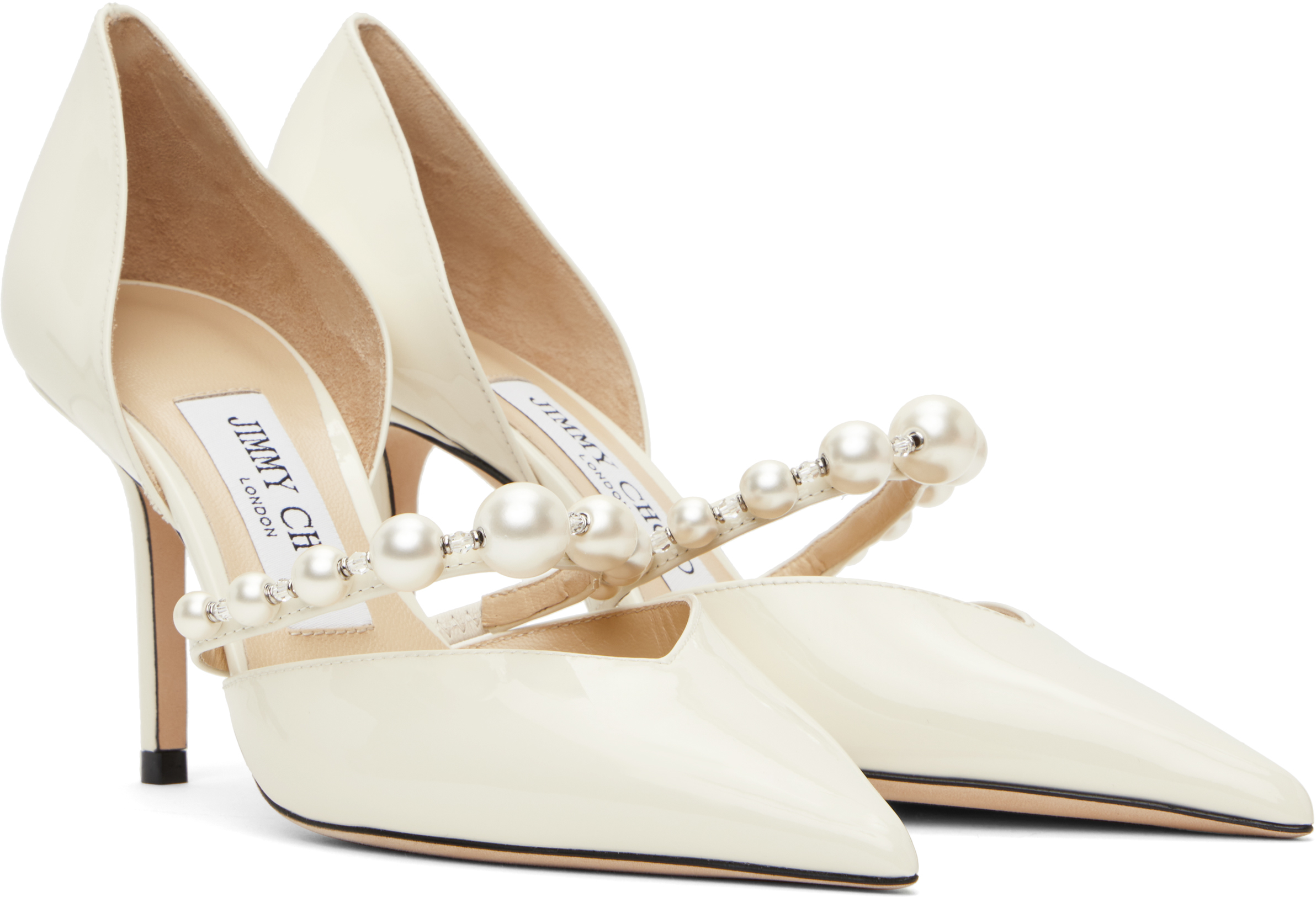 Jimmy Choo Aurelie 85 Faux Pearl-embellished Patent-leather Pumps In Latte/white