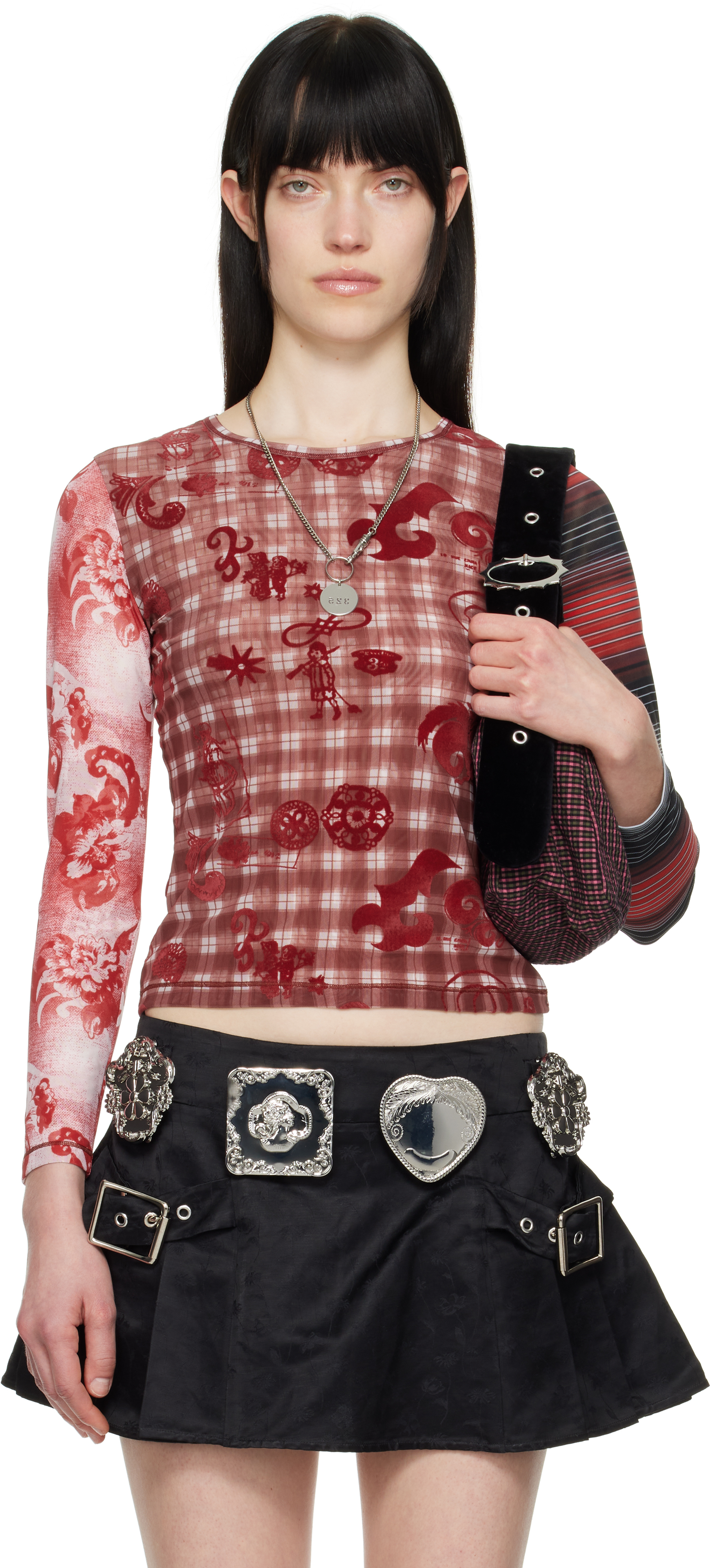 Chopova Lowena Red Trigger Flocked Mesh Long Sleeve In Multi