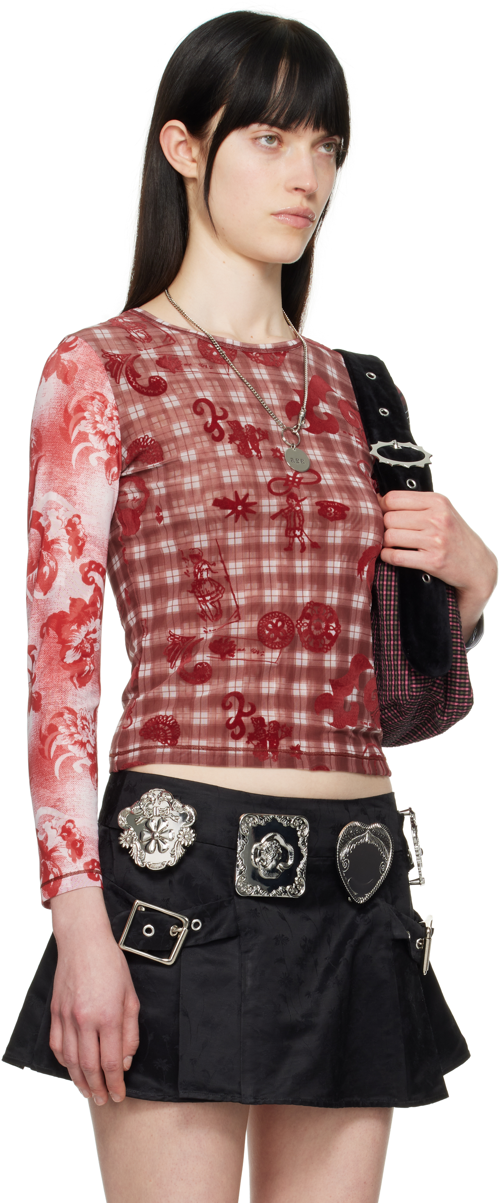 Chopova Lowena Red Trigger Flocked Mesh Long Sleeve In Multi