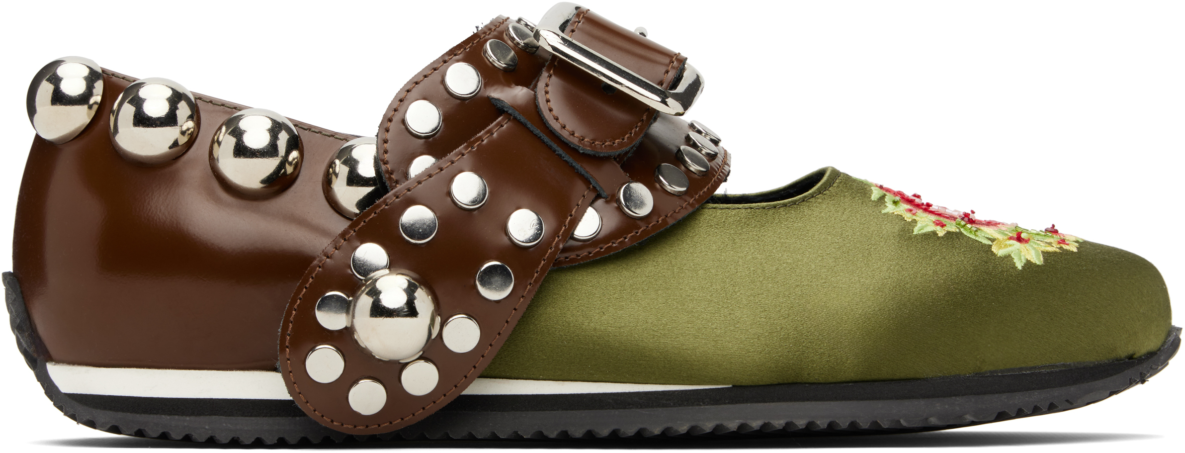 Green & Brown Spur Strap Mary Jane Ballerina Flats