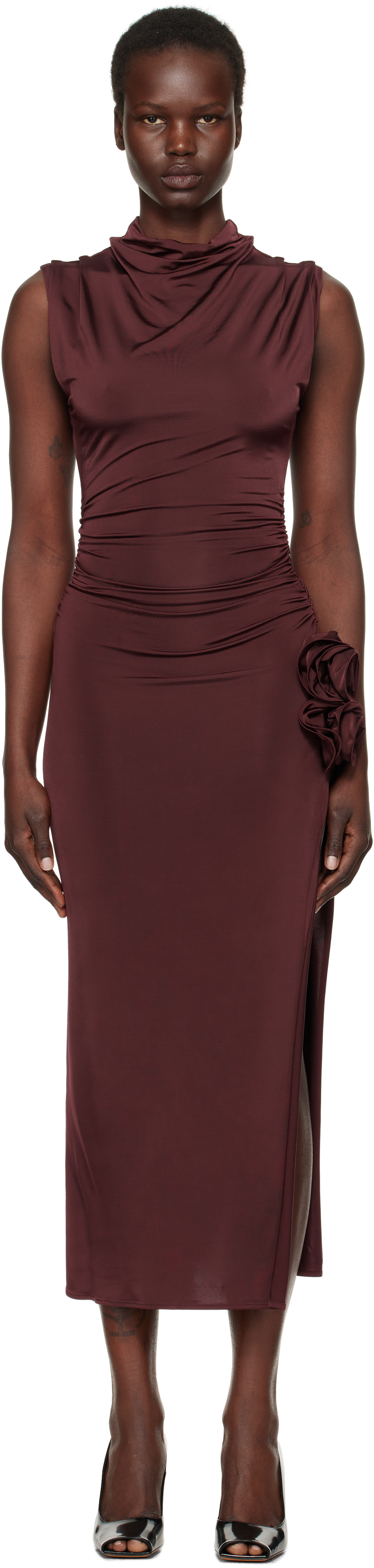 Burgundy Draped High Neck Midi Dress by Magda Butrym on Sale