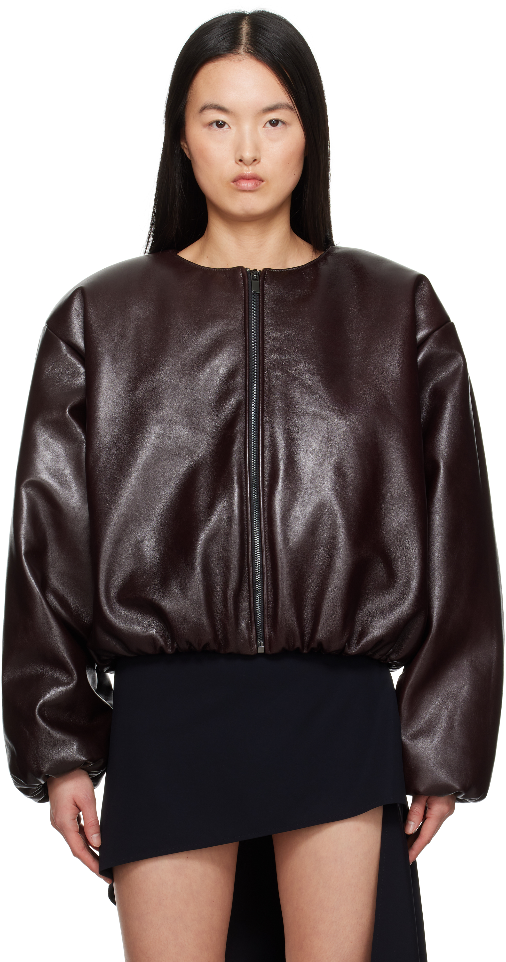Burgundy Collarless Puffer Leather Jacket by Magda Butrym on