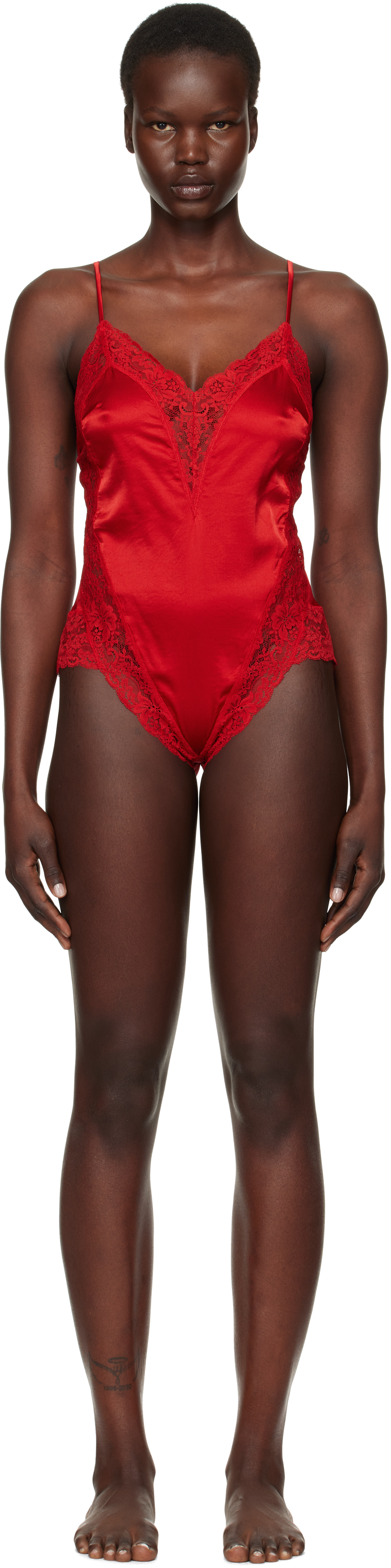 Shop Fleur Du Mal Red Venus Lace Teddy Bodysuit In 0323 Rouge