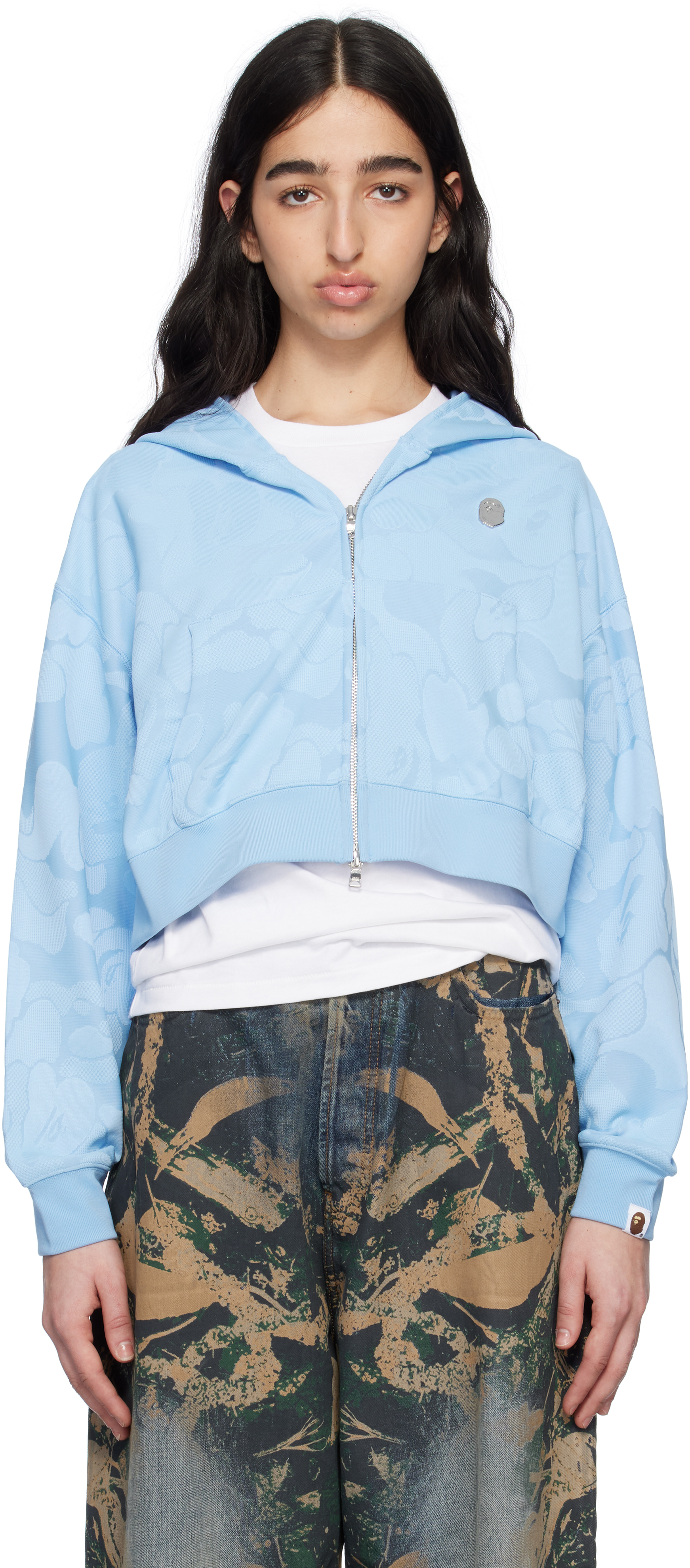 BAPE: Blue Solid Camo Jacquard One Point Cropped Zip Hoodie