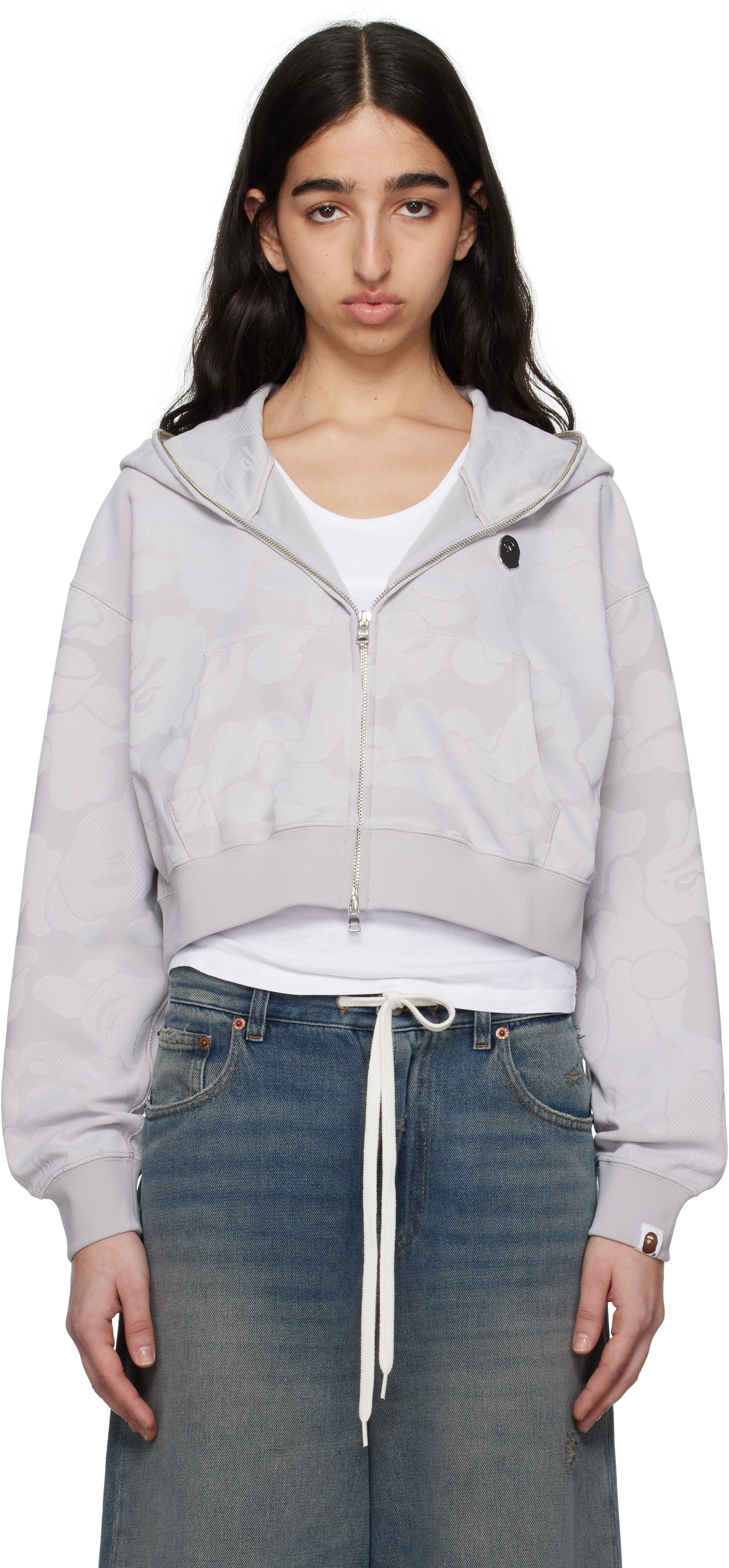 BAPE: Gray Solid Camo Jacquard One Point Cropped Zip Hoodie
