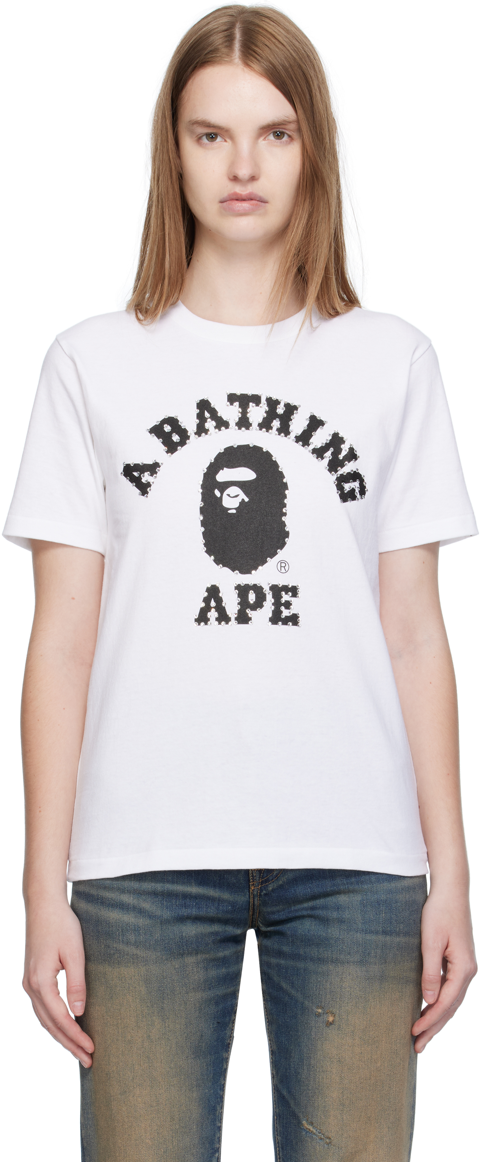 Bape White Crystal Stone College T-shirt In White