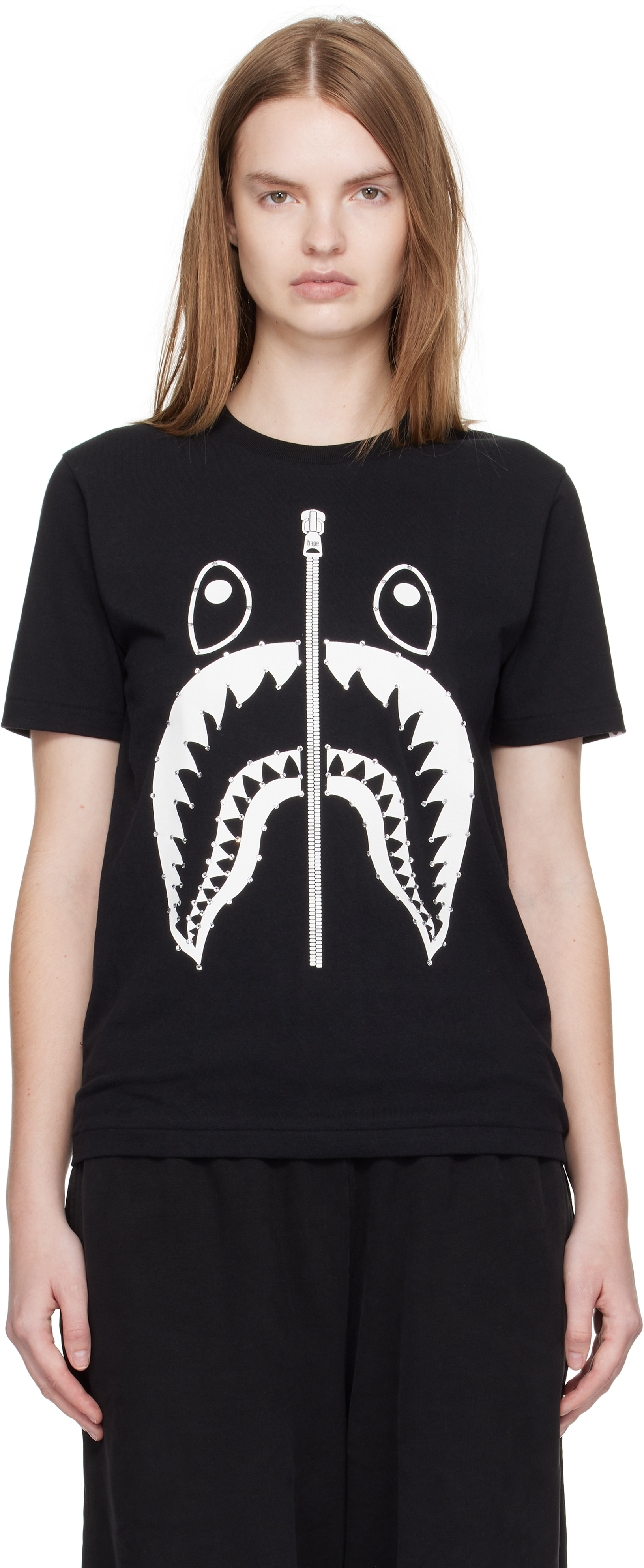Bape Black Crystal Stone Shark T-shirt In Black