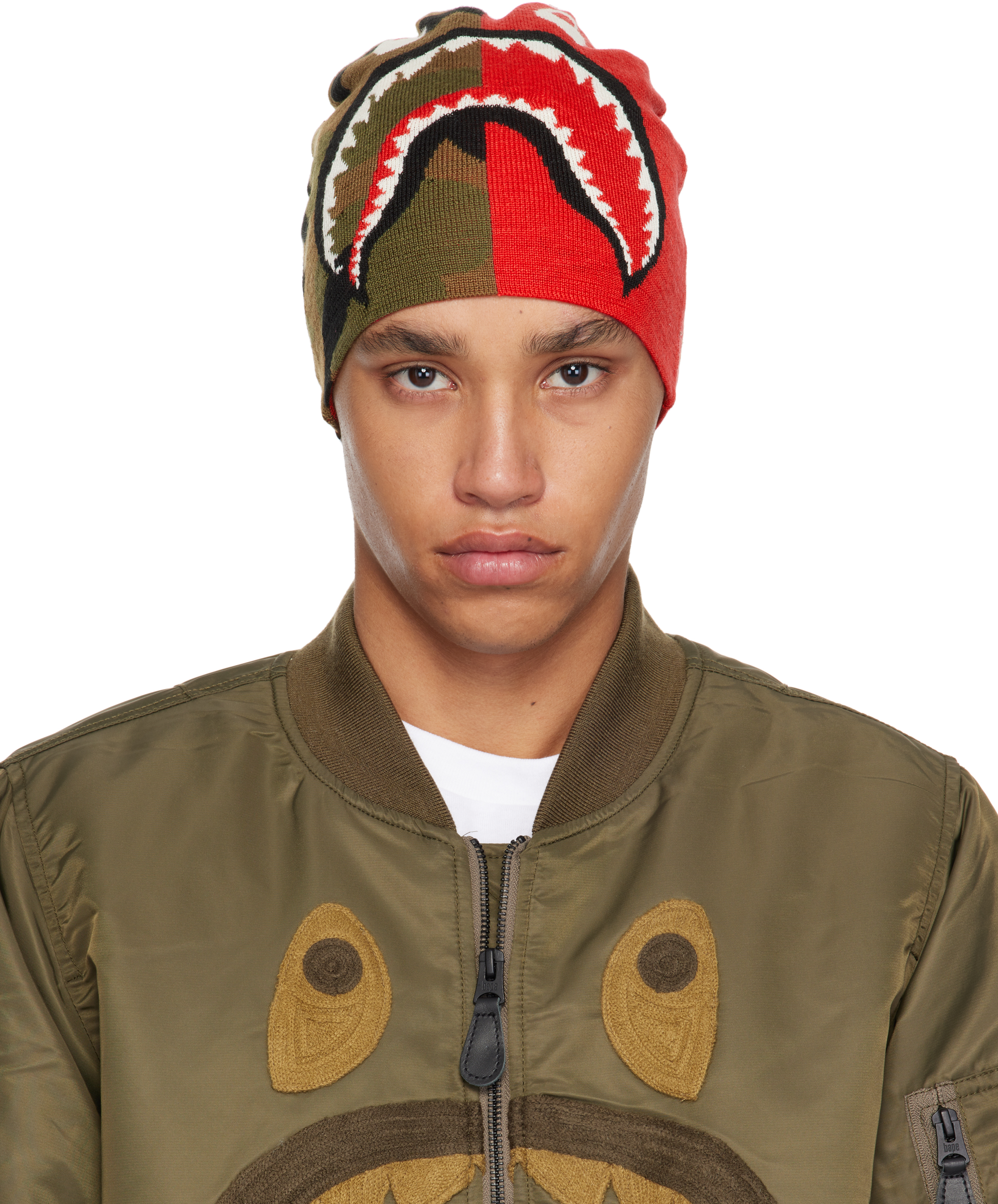 BAPE: Red & Green 1st Shark Knit Beanie | SSENSE
