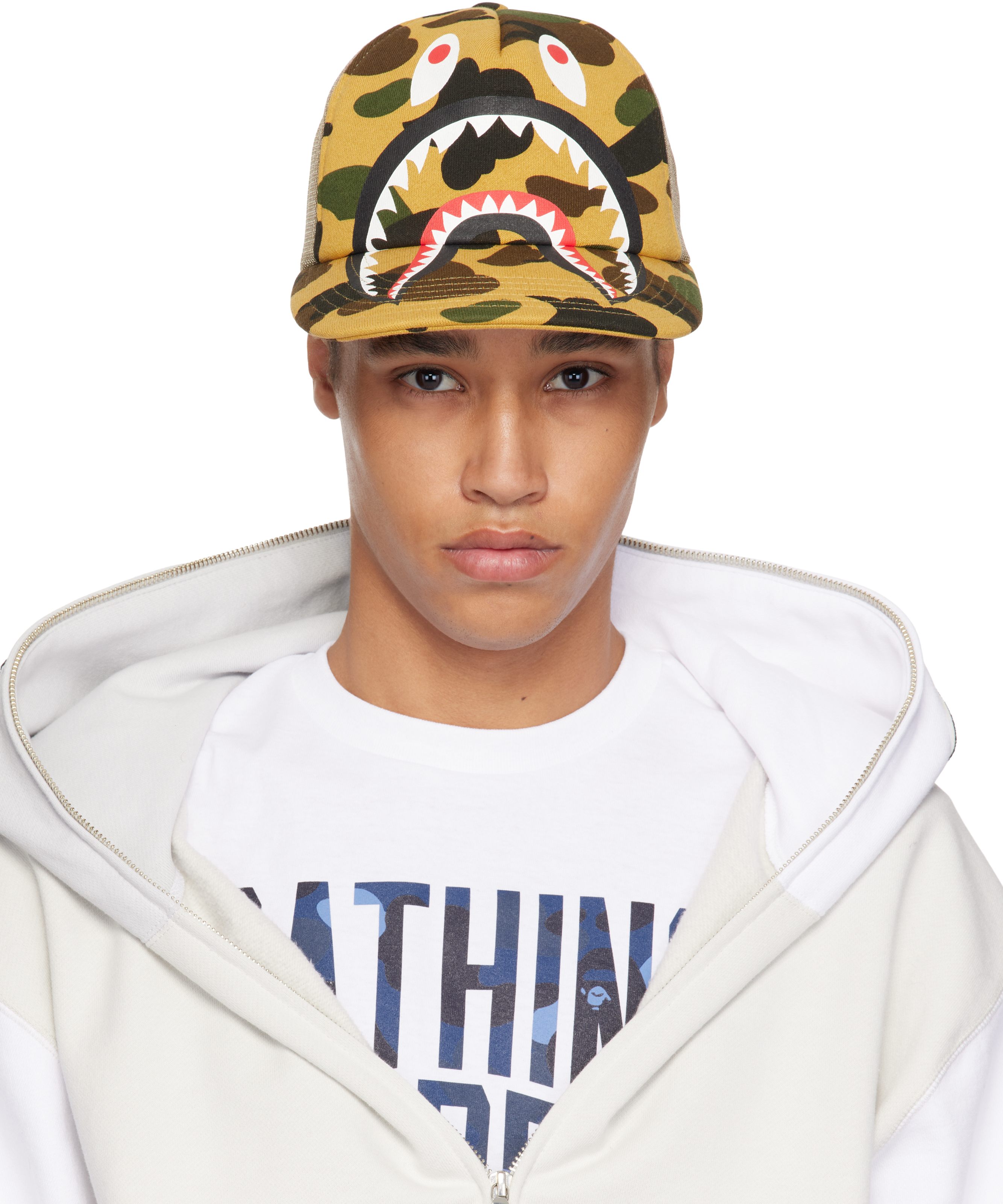 BAPE 1st Camo Shark メッシュ キャップ Yellow & Beige 1st Camo Shark Mesh Cap by BAPE on Sale