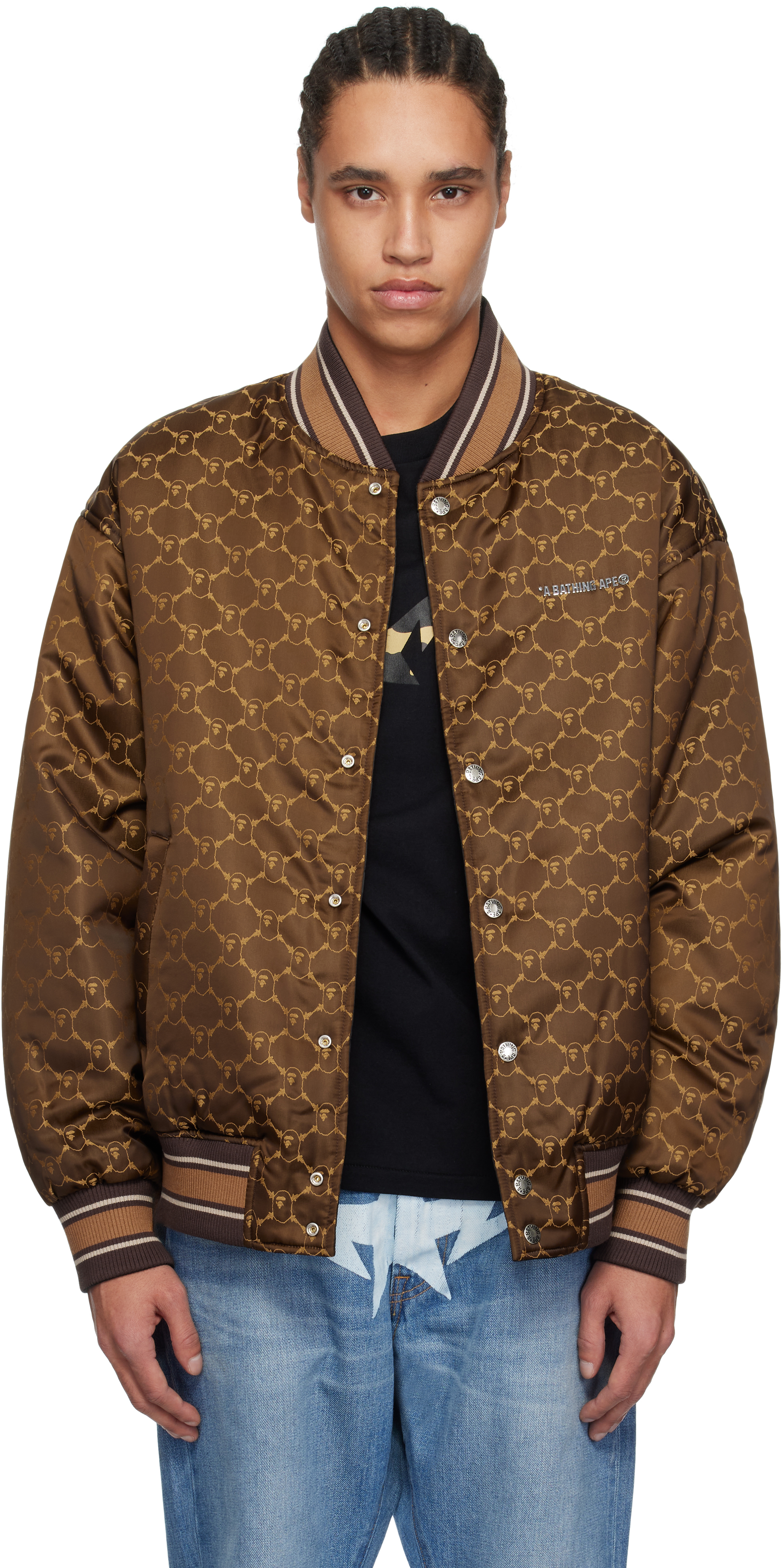 BAPE: Brown ABC Camo Jacquard Reversible Bomber Jacket SSENSE