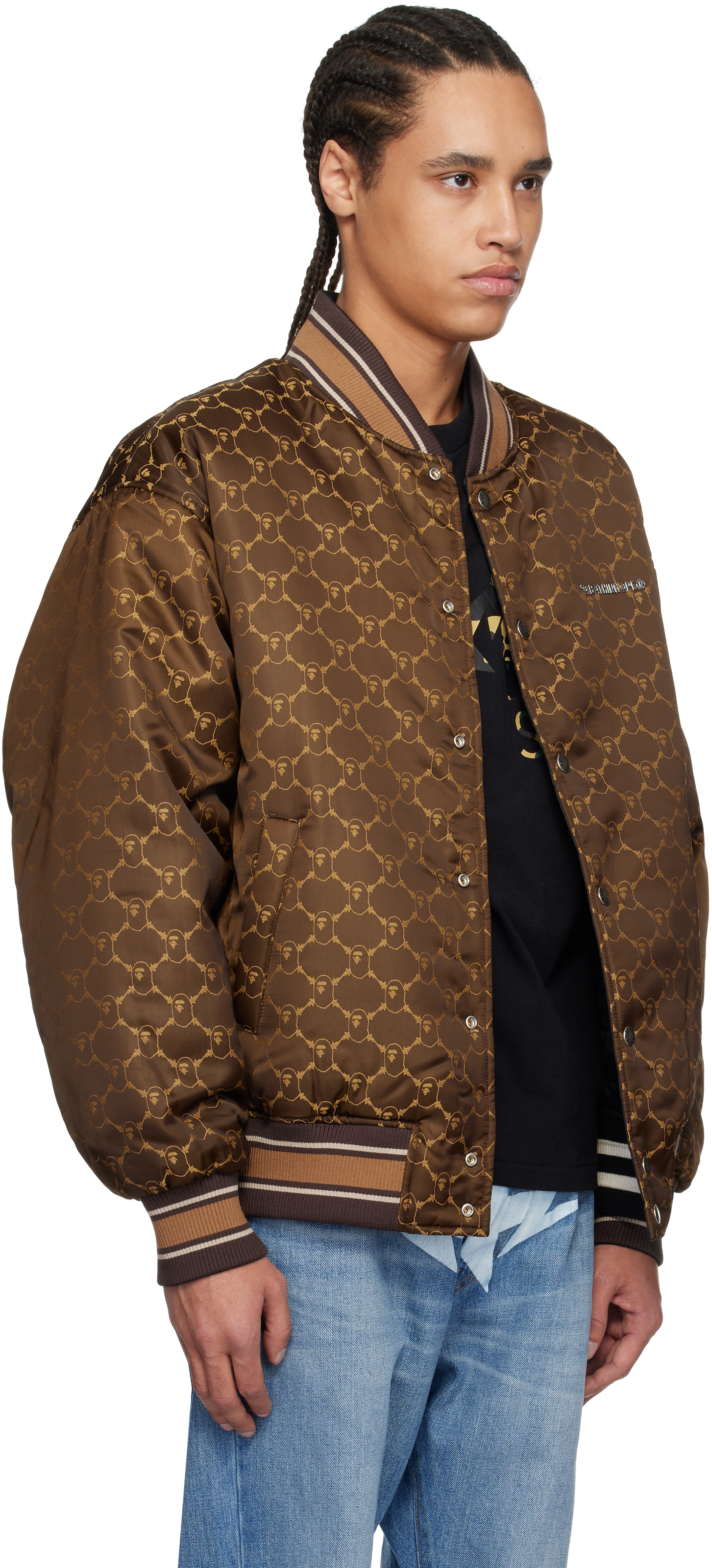 Bape Brown Abc Camo Jacquard Reversible Bomber Jacket In Blk-black