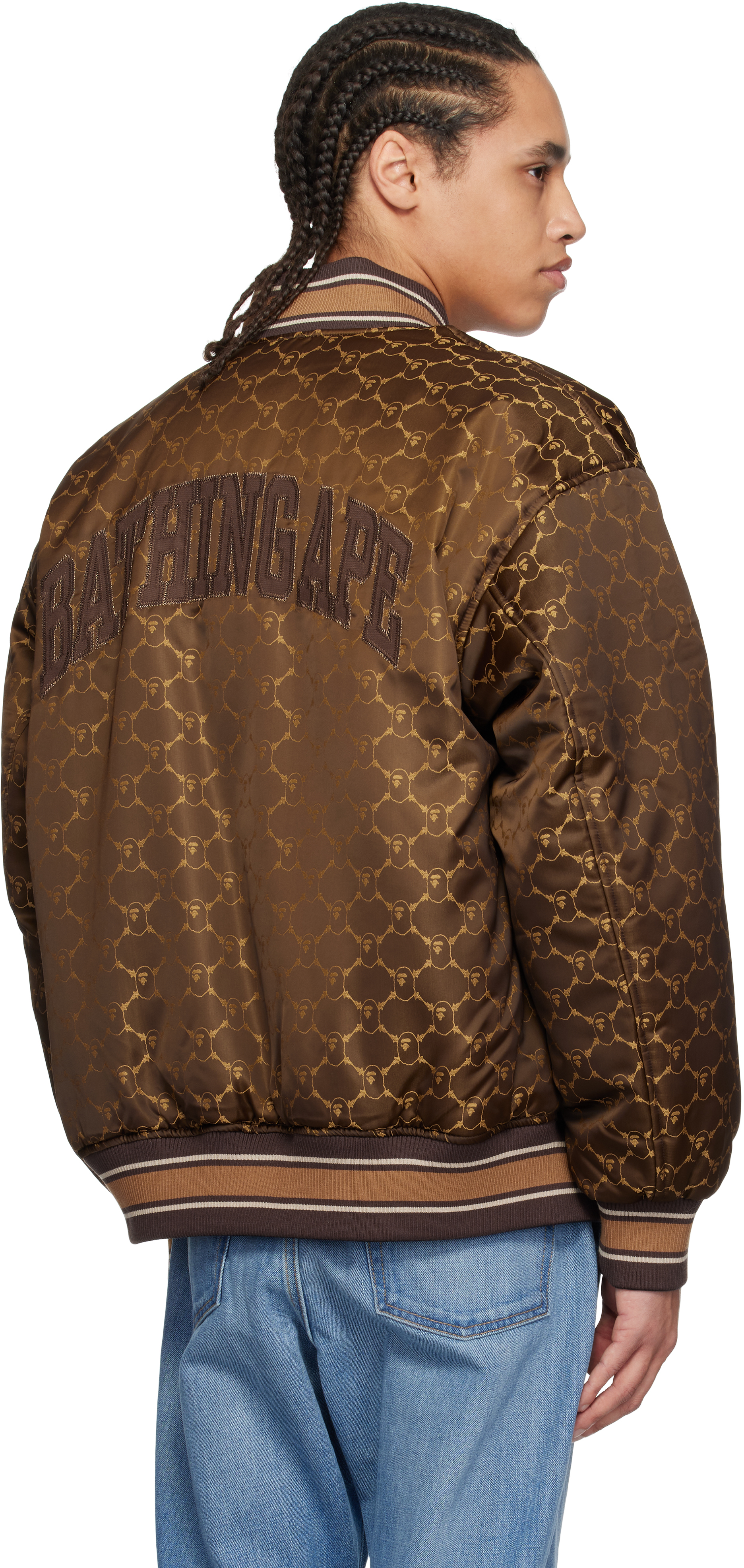 Bape Brown Abc Camo Jacquard Reversible Bomber Jacket In Blk-black