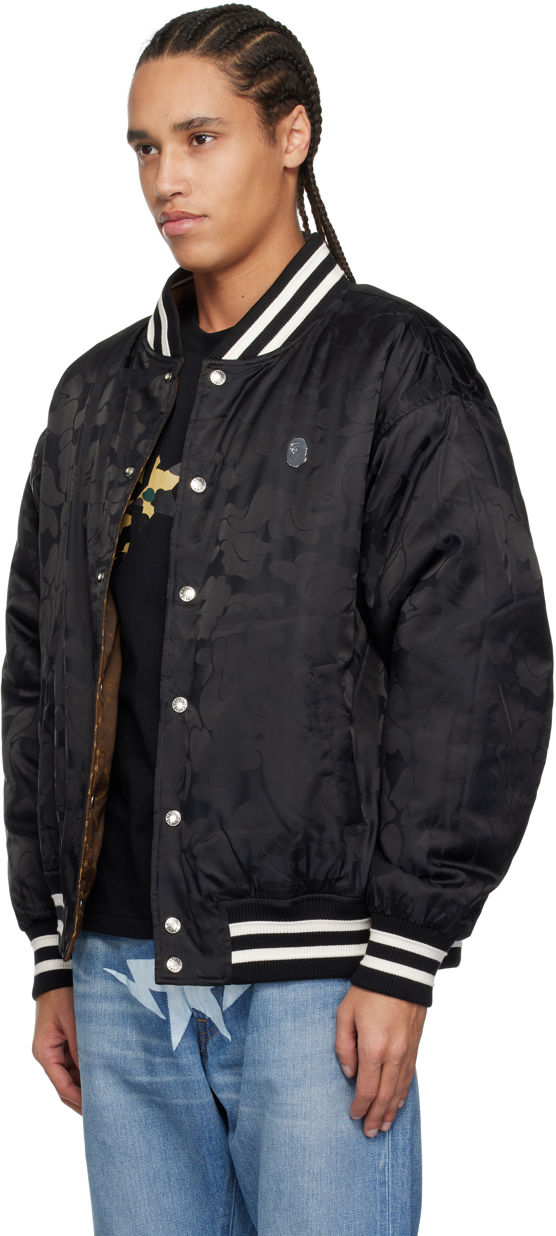 Bape Brown Abc Camo Jacquard Reversible Bomber Jacket In Blk-black