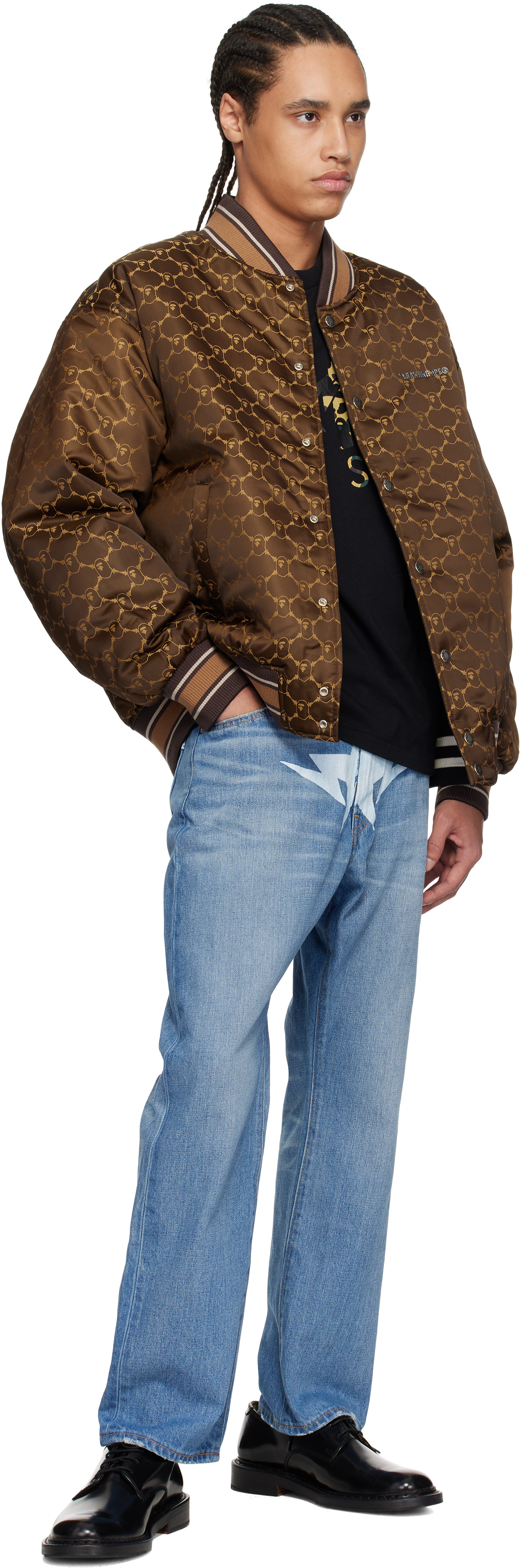 Bape Brown Abc Camo Jacquard Reversible Bomber Jacket In Blk-black