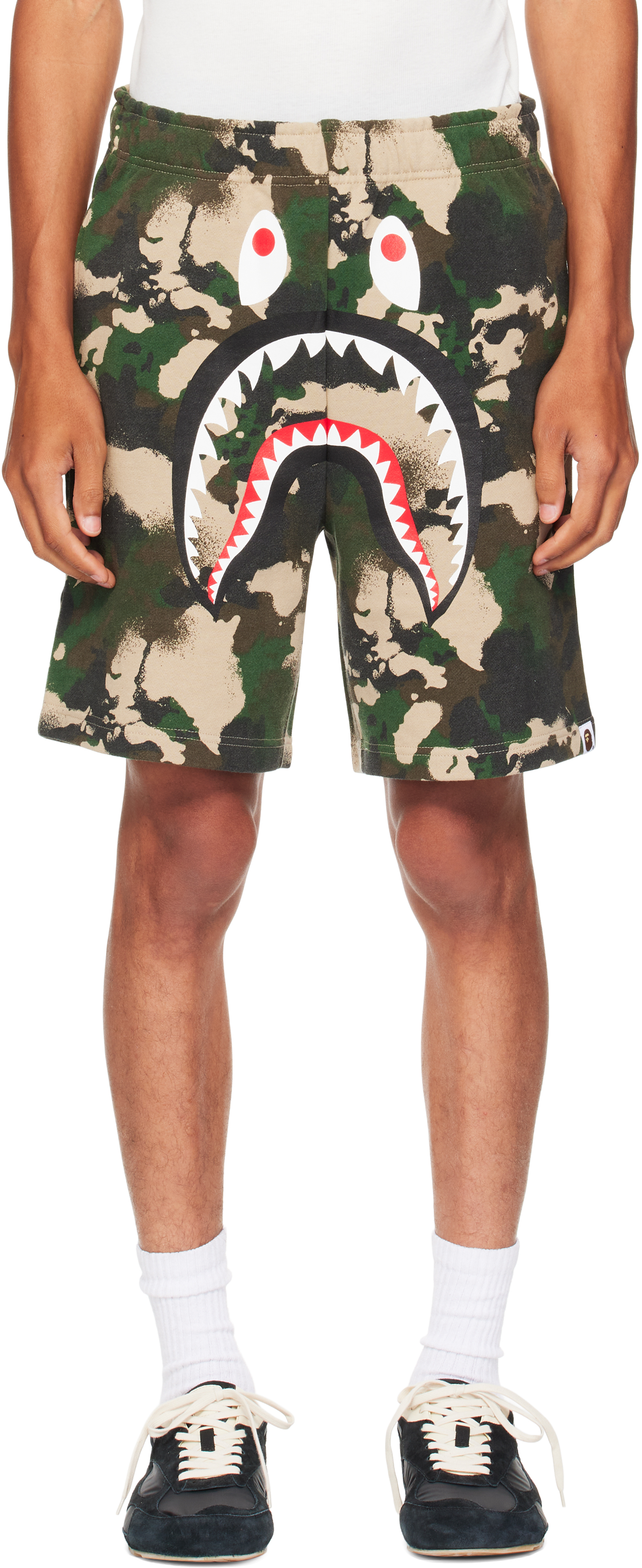 Bape Green Map Camo Regular Fit Shark Sweat Shorts In Multi