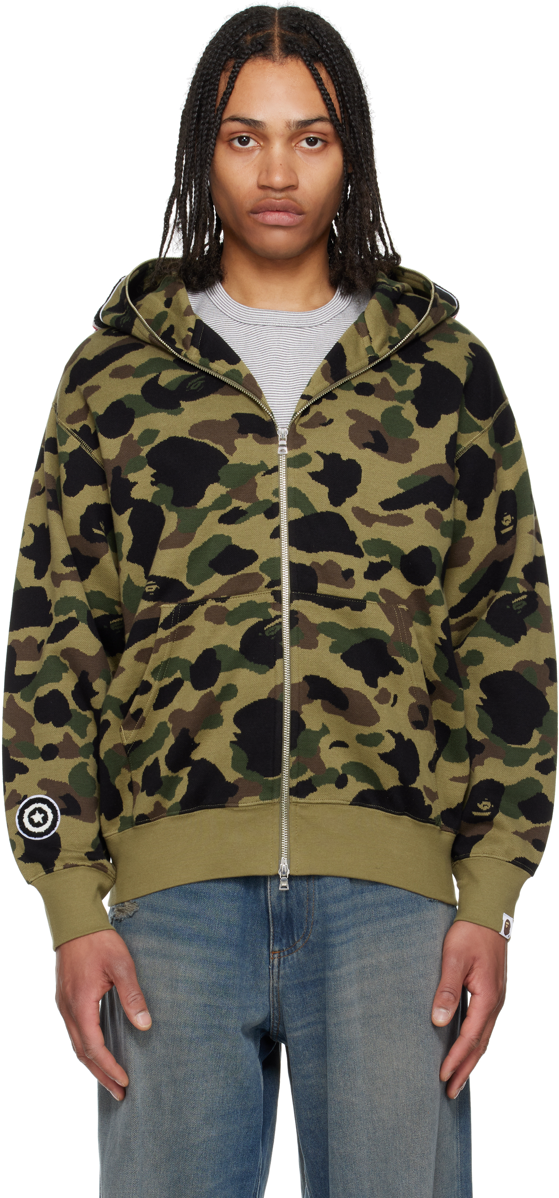 BAPE: Green 1st Camo Jacquard Shark Full Zip Hoodie | SSENSE