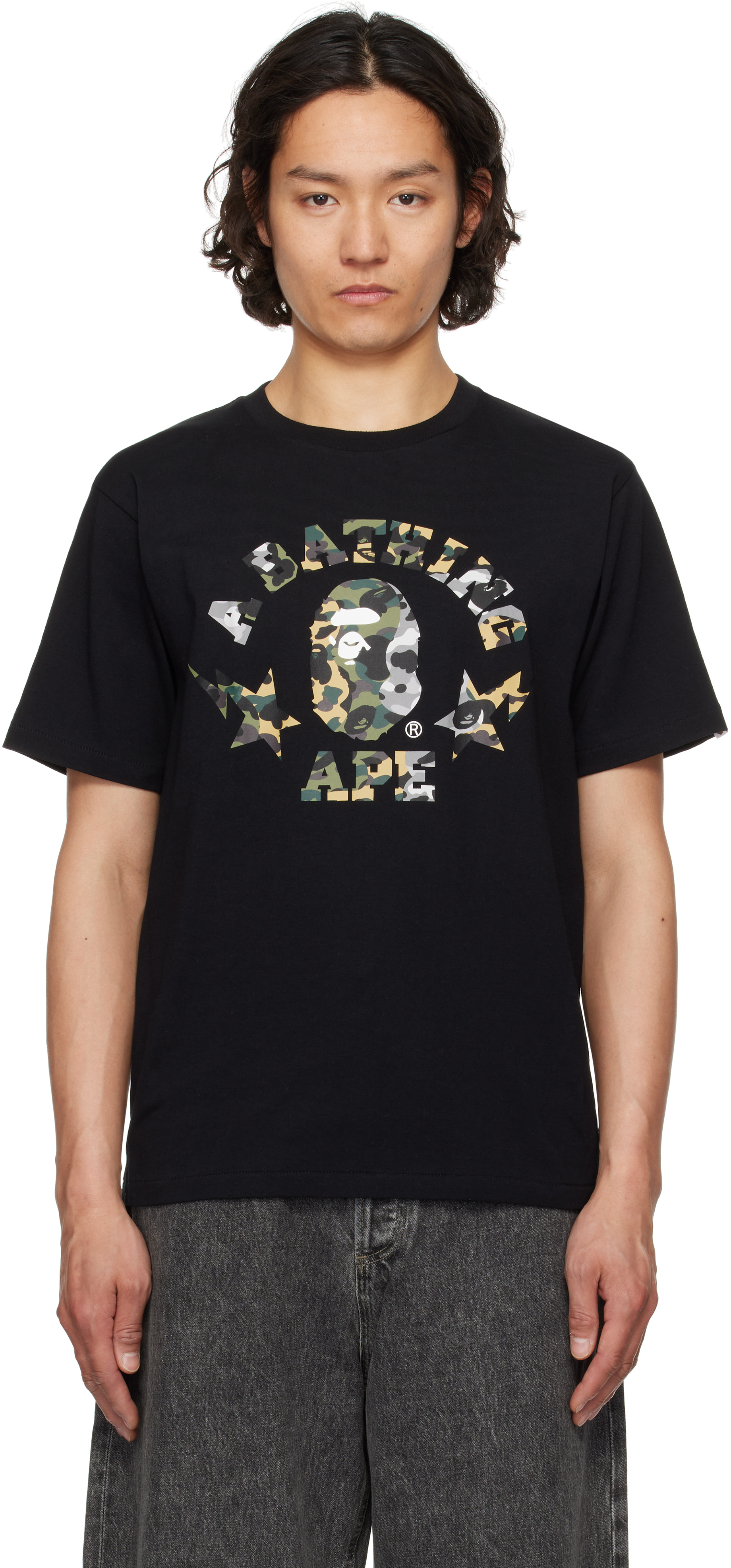 BAPE: Black 1st Camo Crazy STA College T-shirt SSENSE