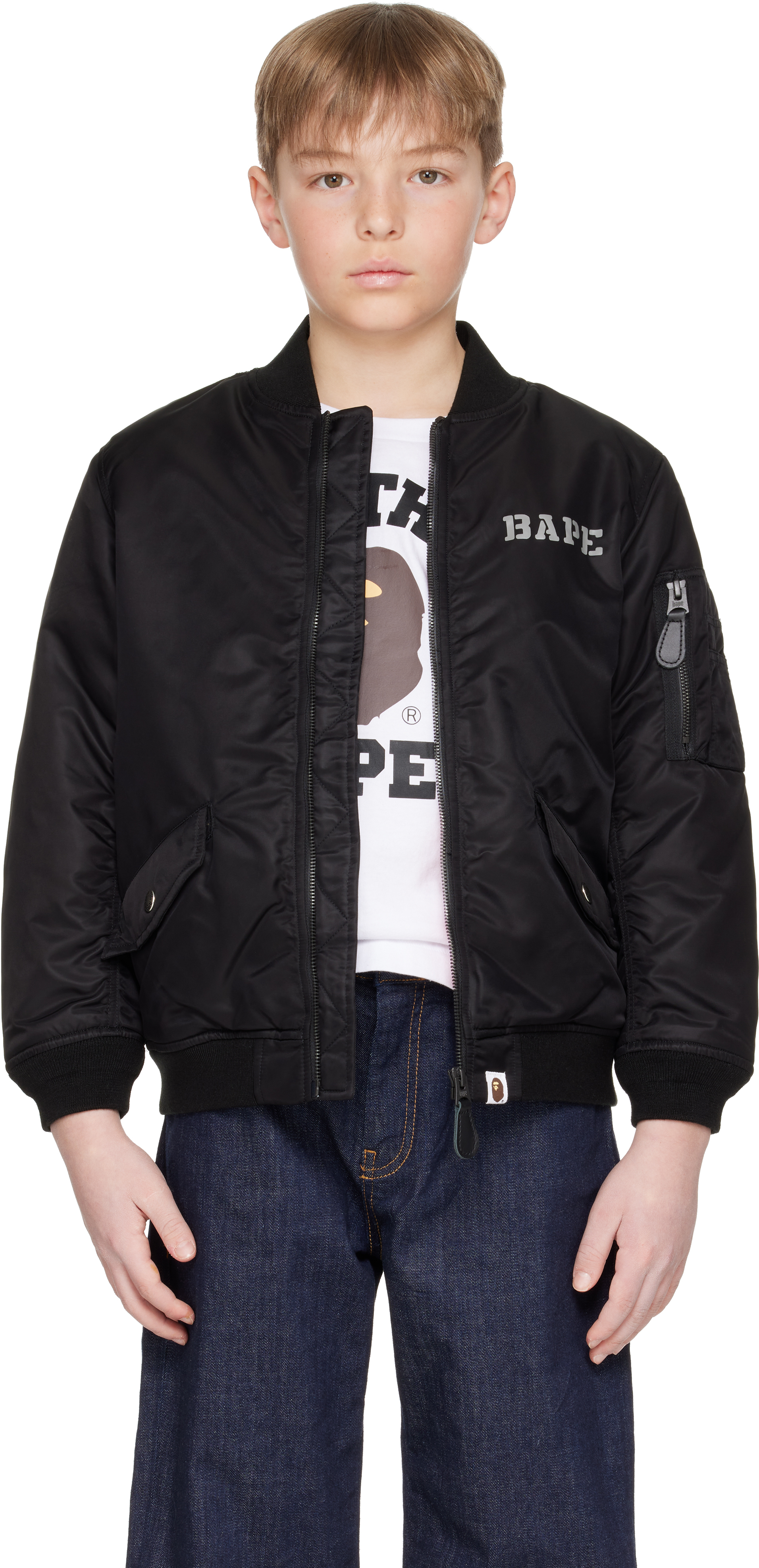 BAPE KIDS BLACK STENCIL COLLEGE MA-1 BOMBER JACKET 