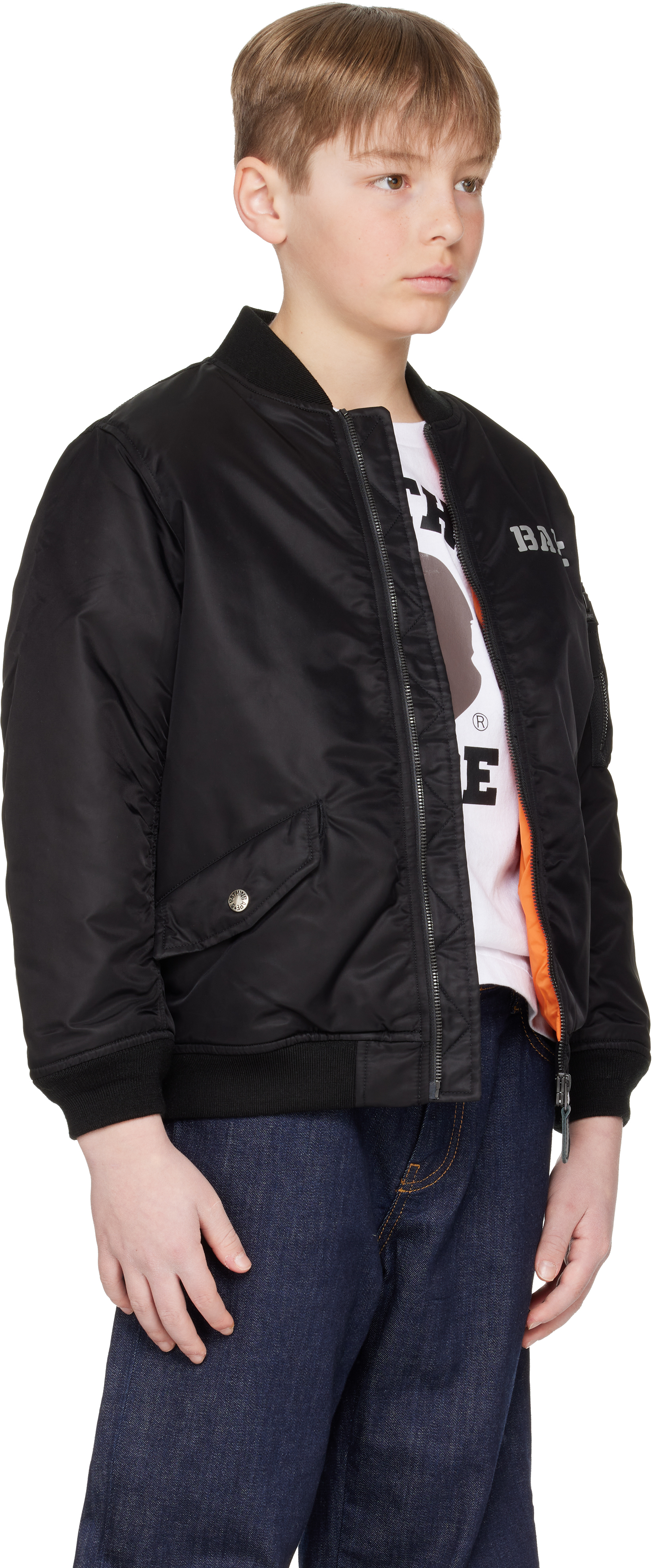 BAPE KIDS BLACK STENCIL COLLEGE MA-1 BOMBER JACKET 