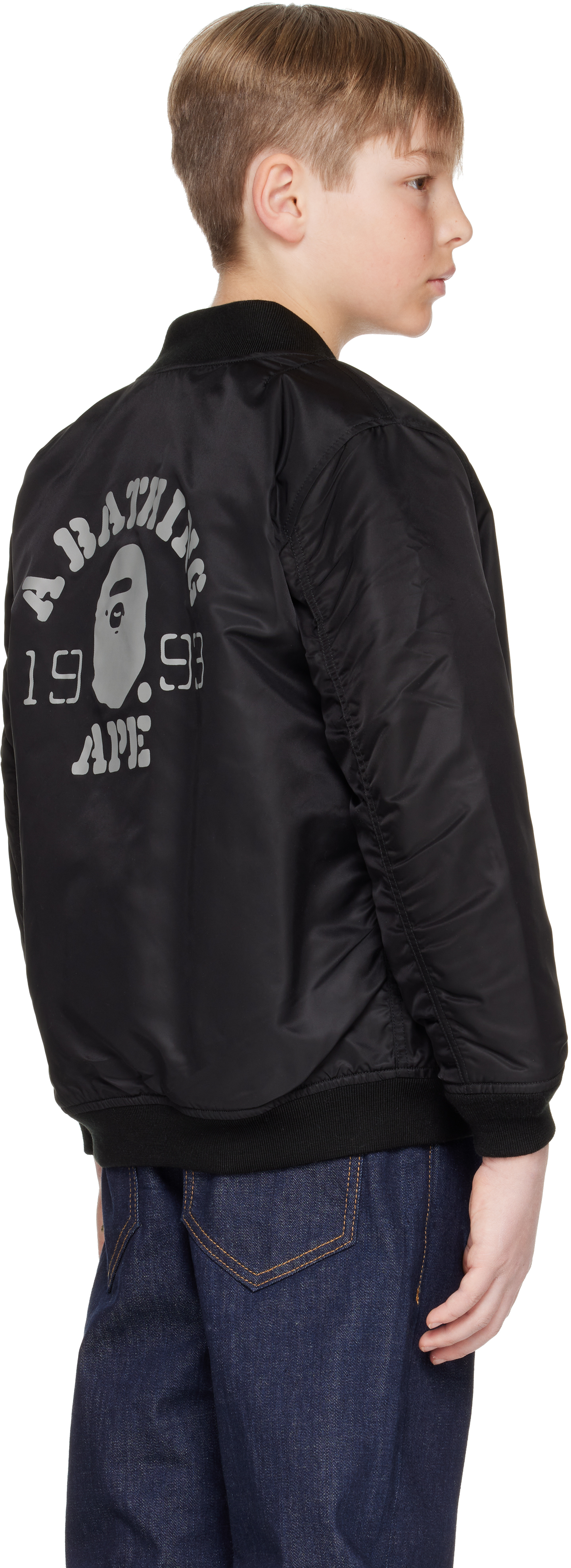 BAPE KIDS BLACK STENCIL COLLEGE MA-1 BOMBER JACKET 