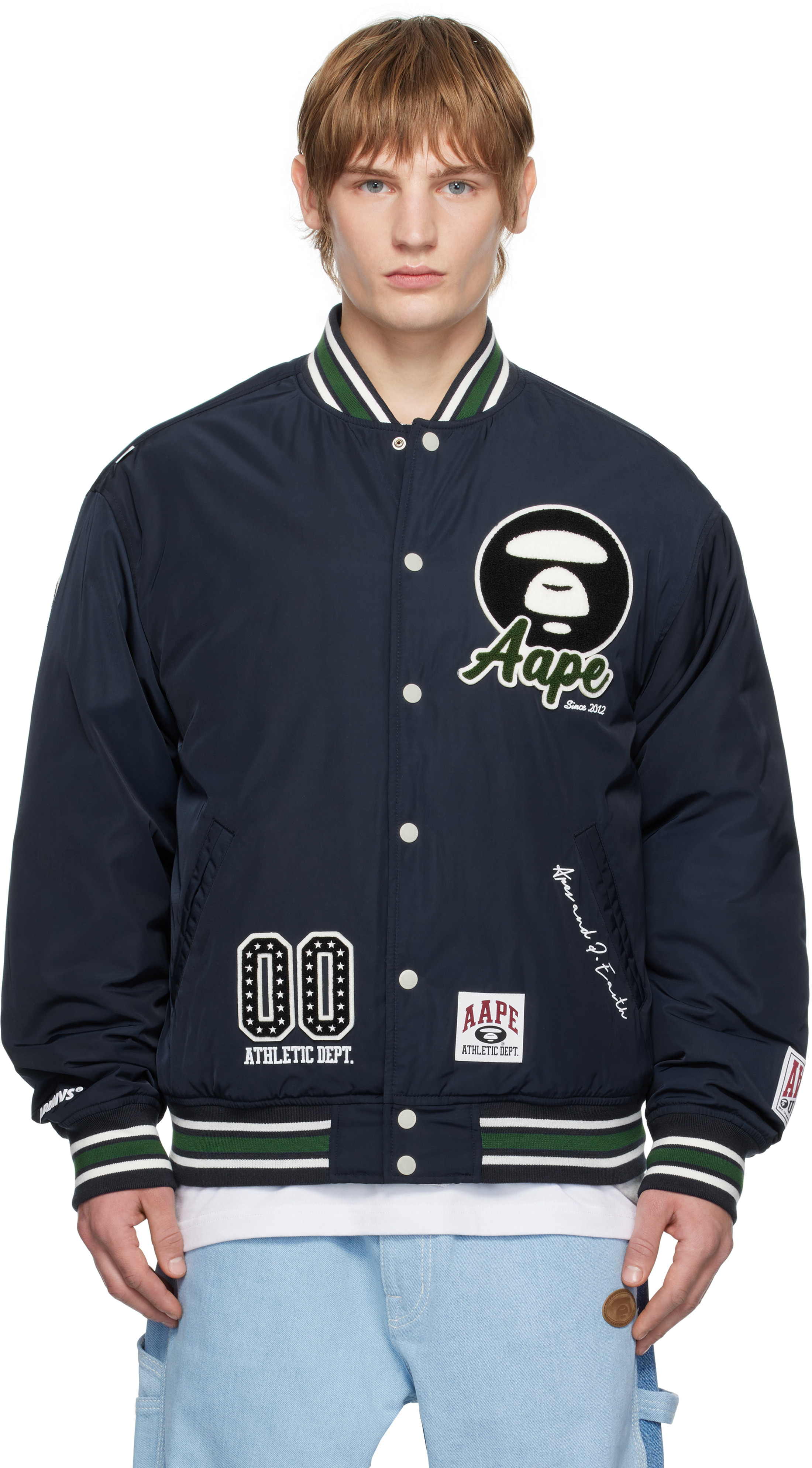 ジャケット・アウター Bae Navy Moonface Logo Varsity Bomber Jacket by AAPE by A Bathing Ape
