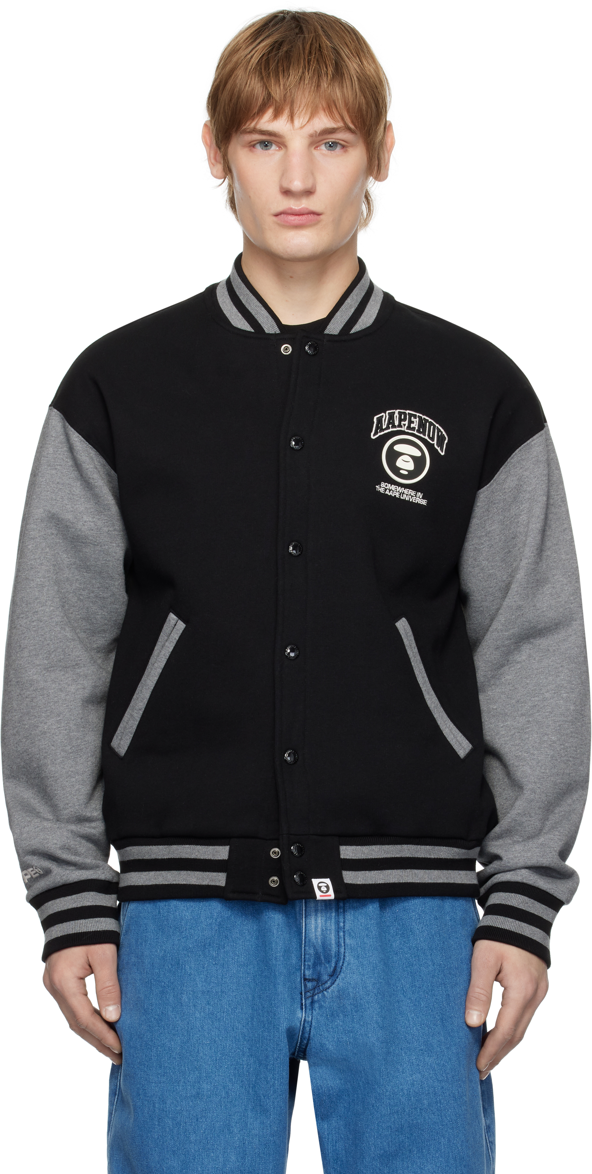 Black & Gray 'AAPE NOW' Moonface Logo Baseball Jacket