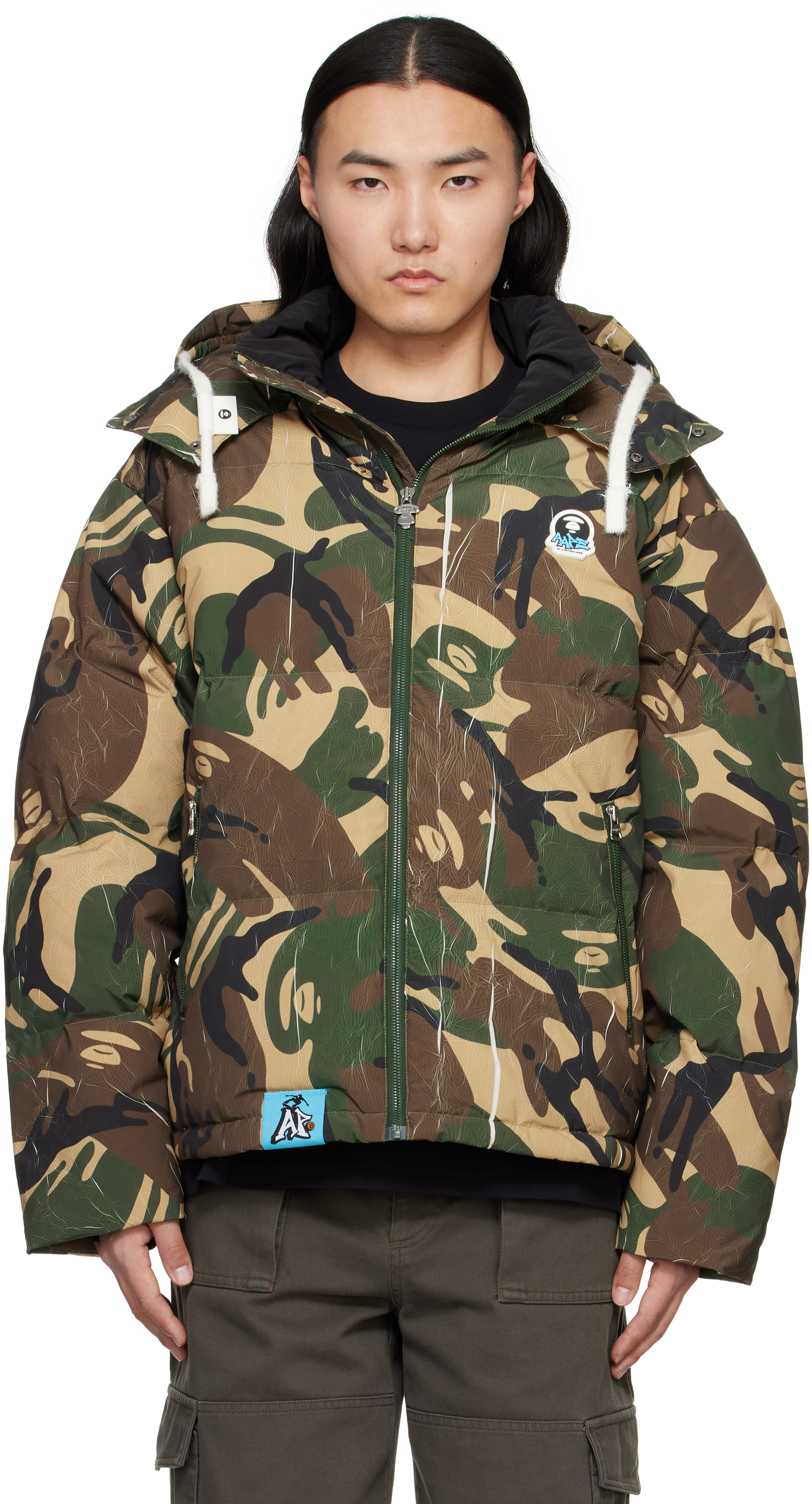 Multicolor Moonface Camo Hooded Down Jacket