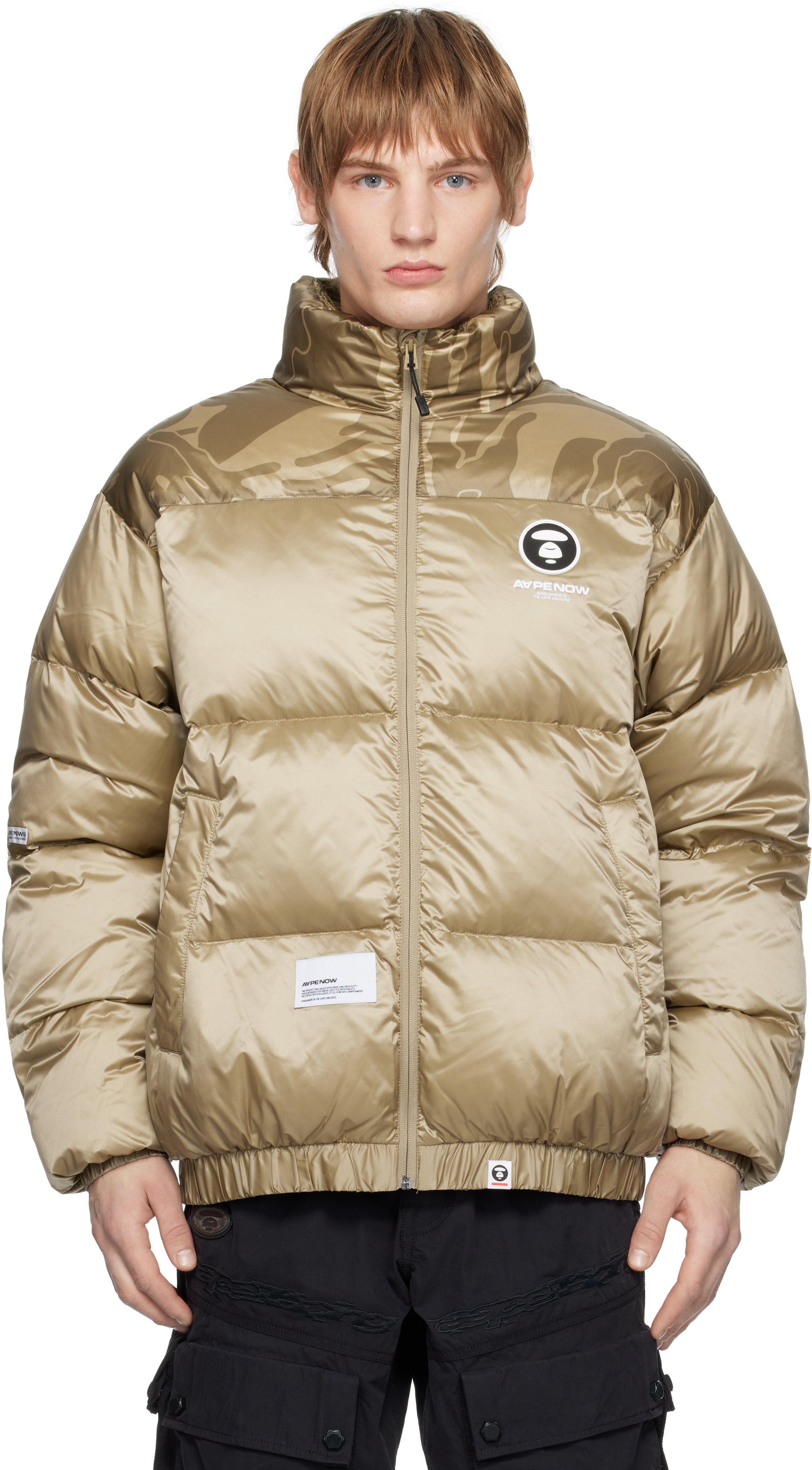 Beige 'AAPE NOW' Moonface Logo Zip-Up Down Jacket