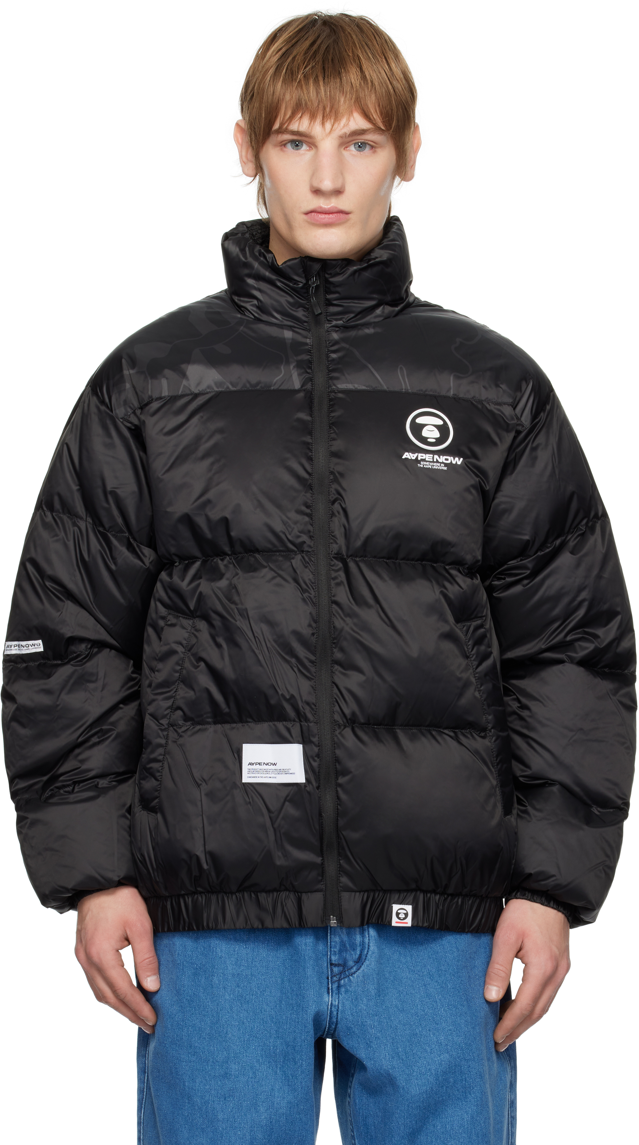 Black 'AAPE NOW' Moonface Logo Zip-Up Down Jacket