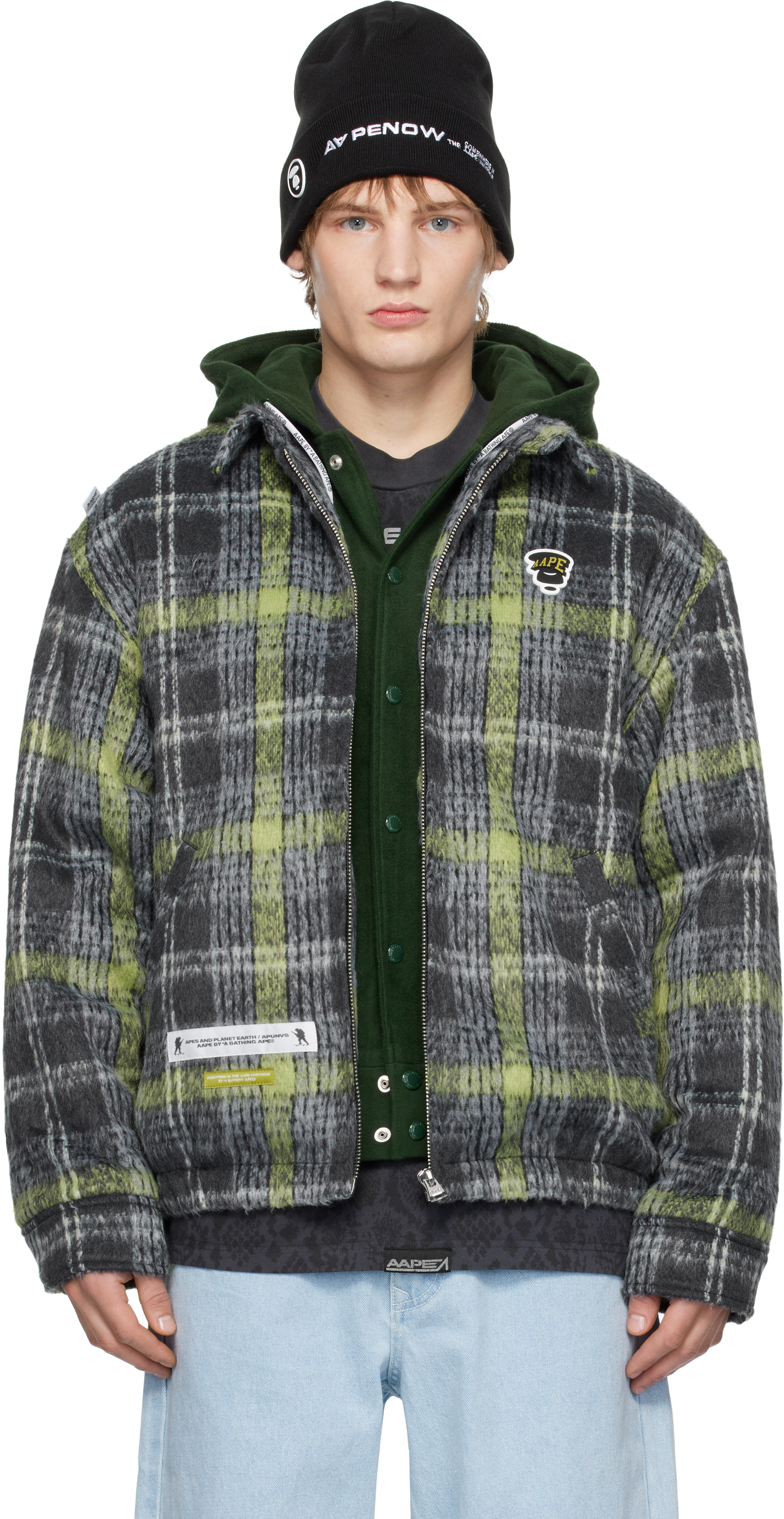 Gray & Green 'AAPE' Moonface Logo Check Hooded Jacket