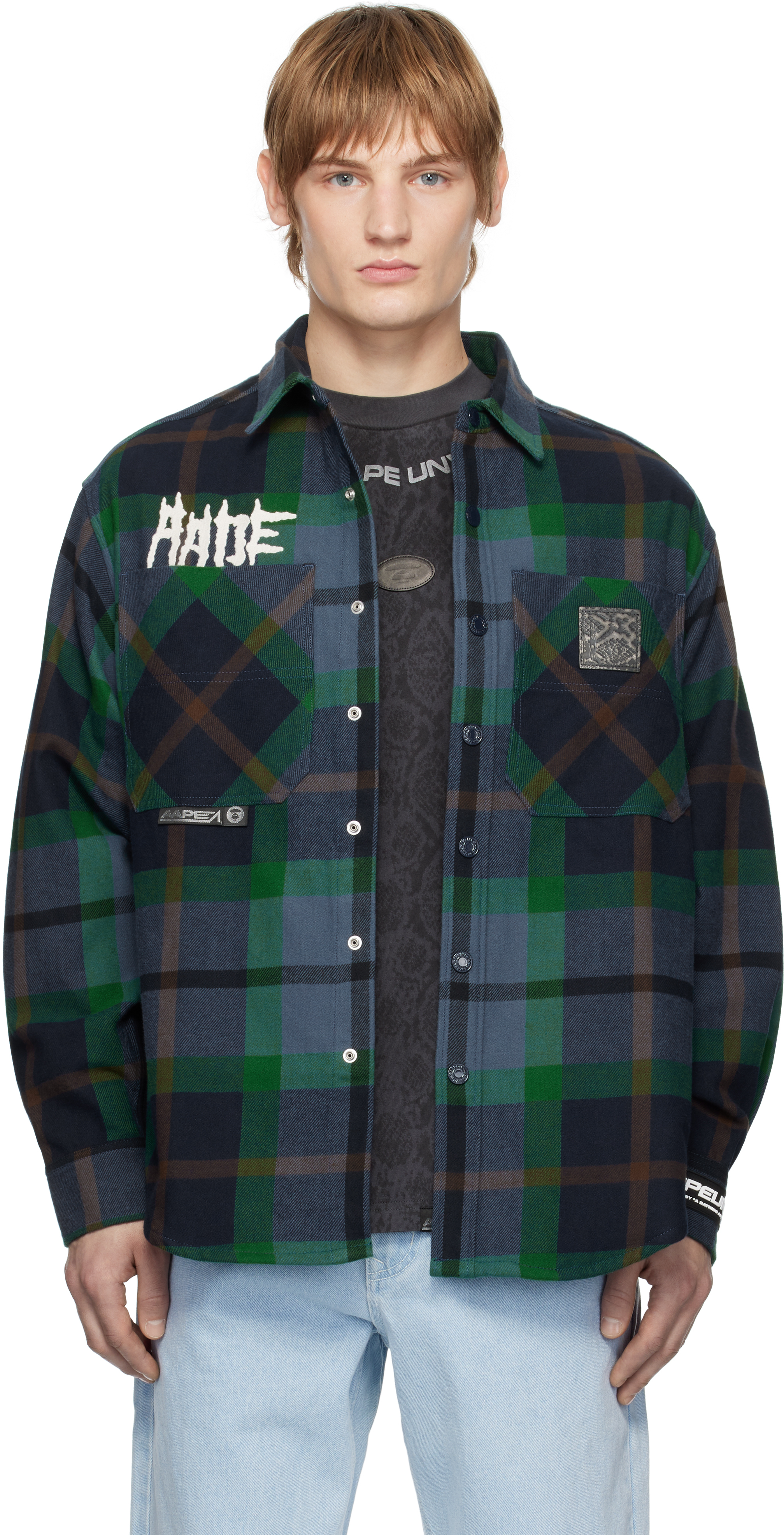 Green & Navy 'AAPE UNVS' Long Sleeve Check Shirt