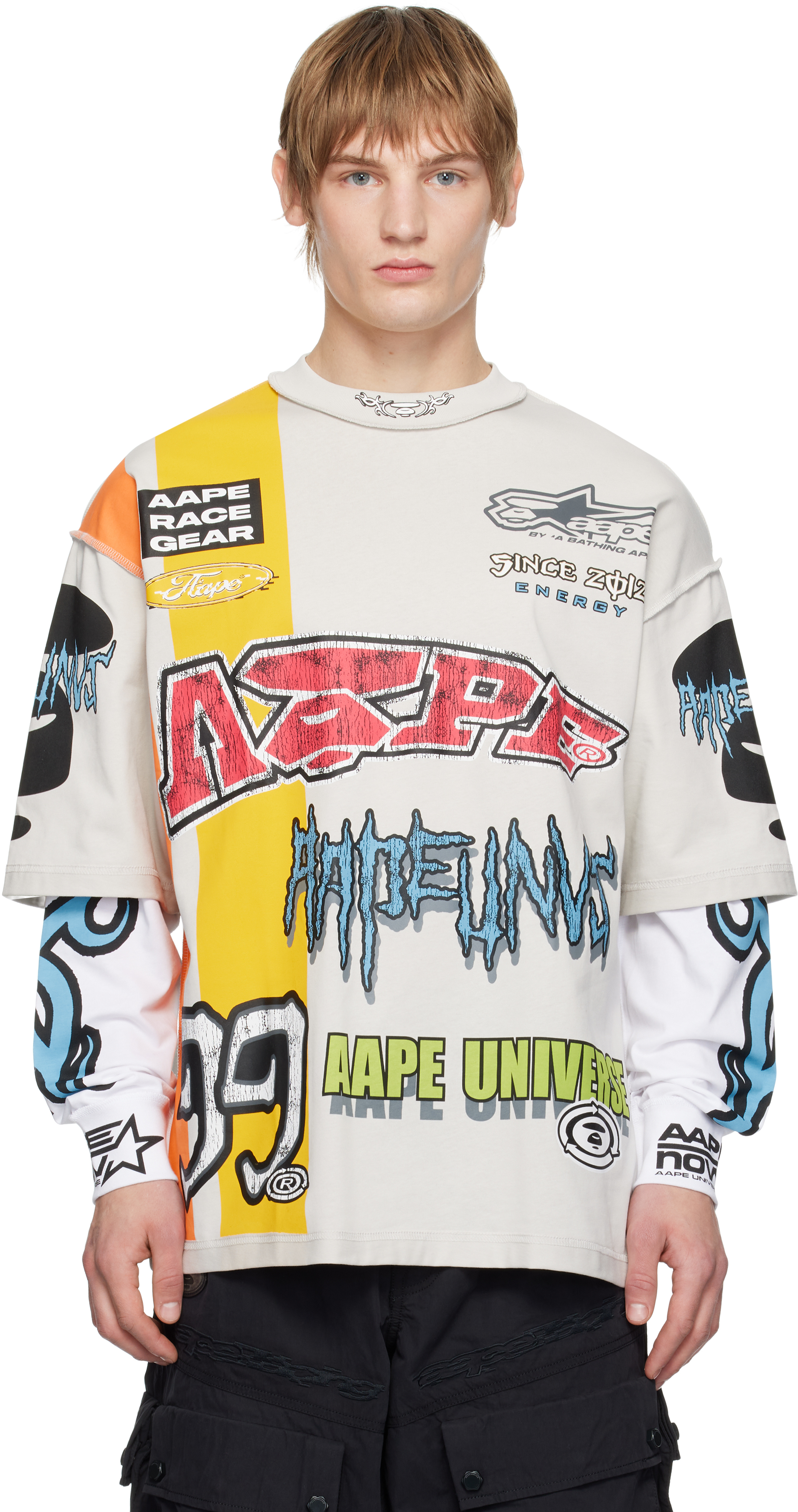 Gray Multi-Logo Layered Long Sleeve T-shirt