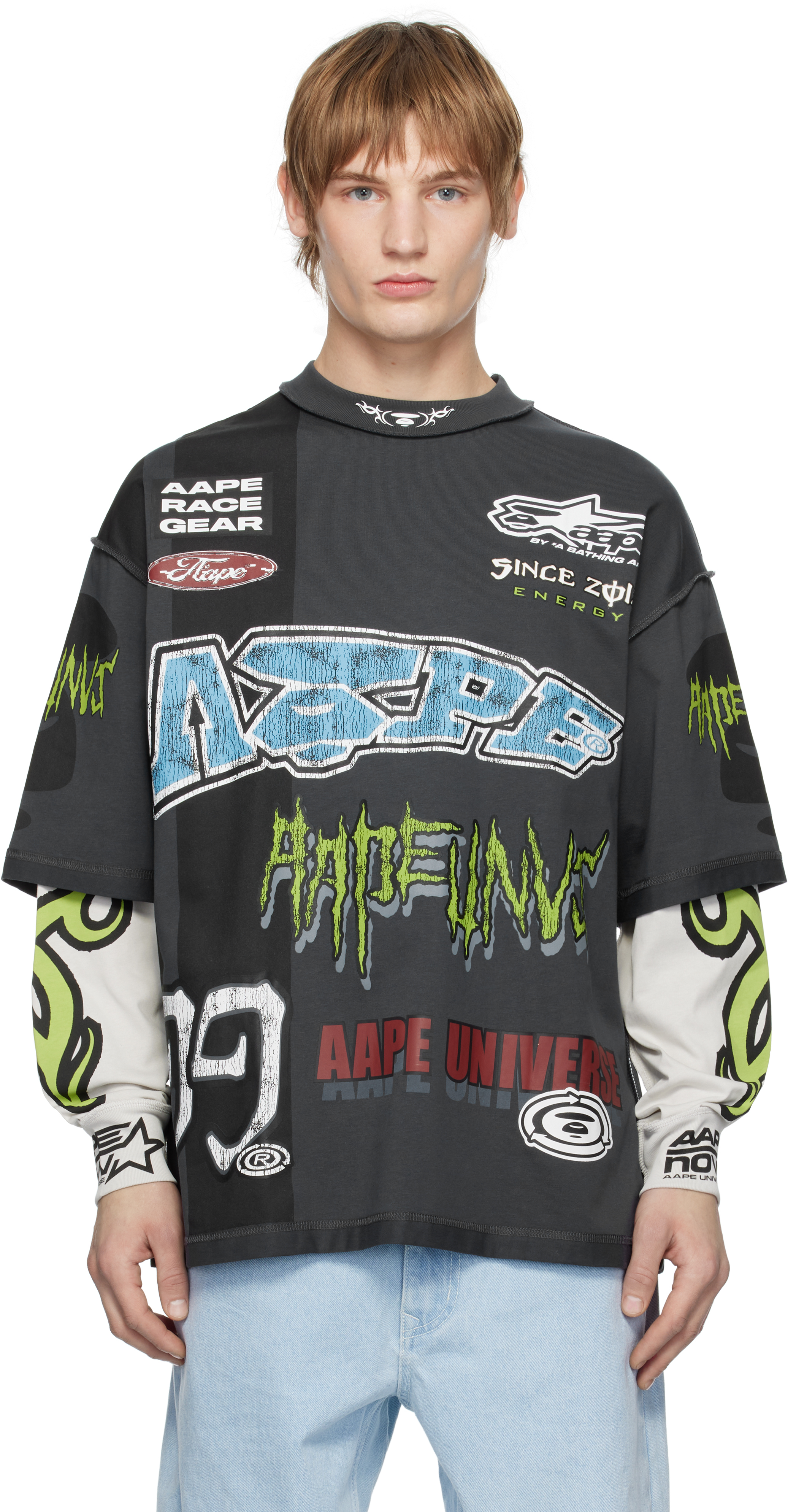 AAPE by A Bathing Ape: Gray Multi-Logo Layered Long Sleeve T