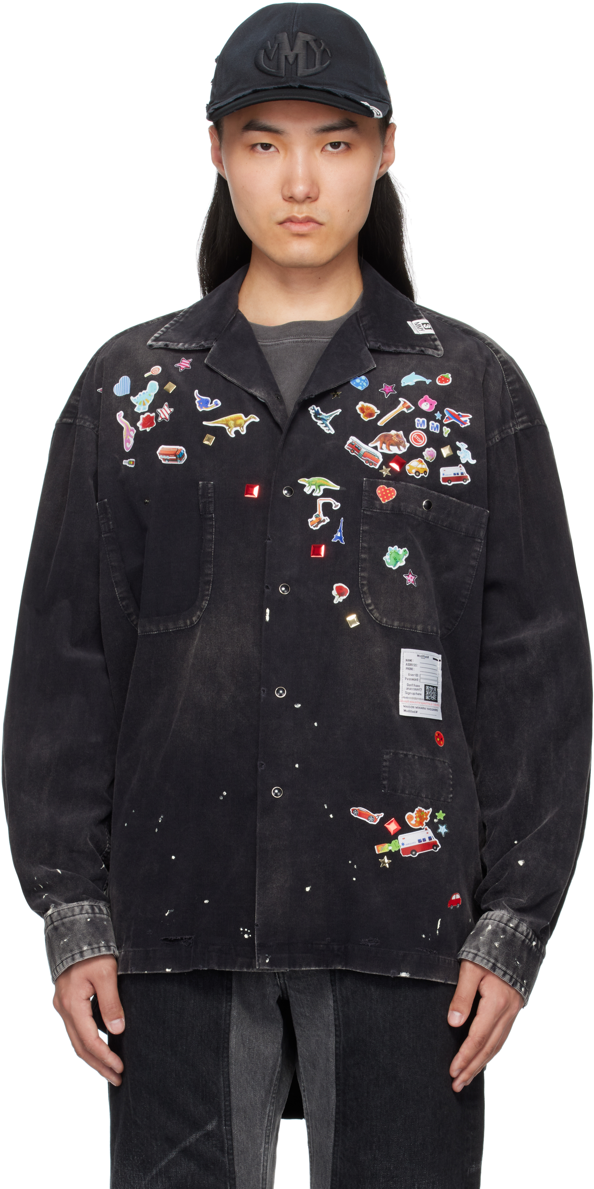 Black Sticker Printed Corduroy Shirt