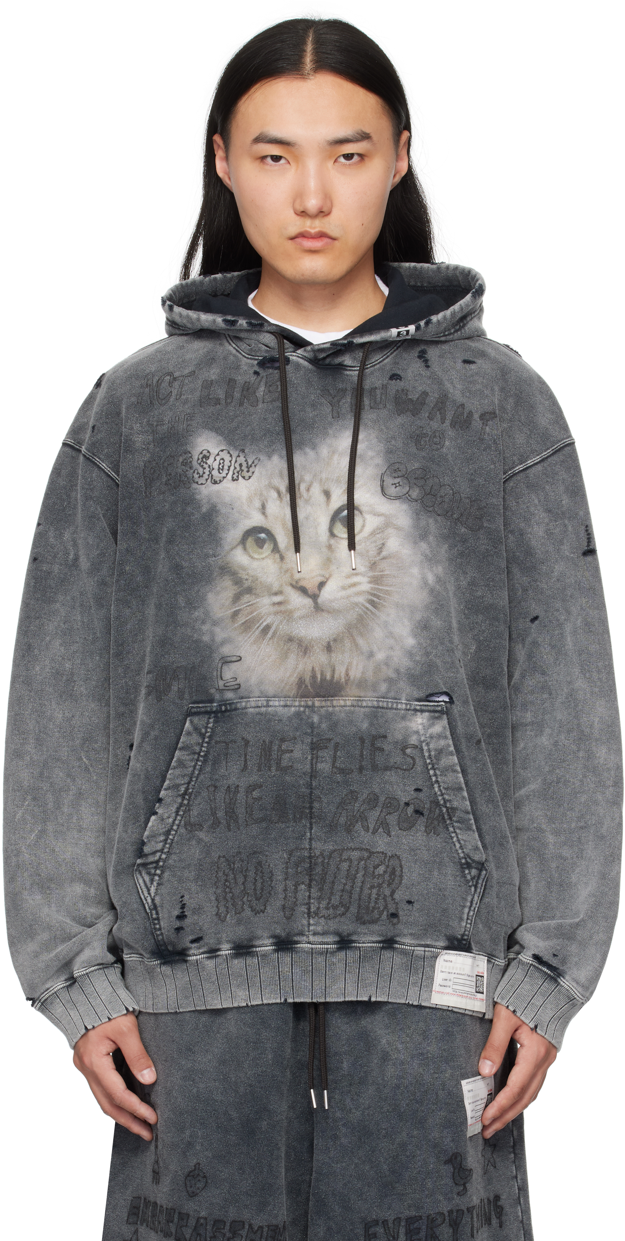 Black Bleached Cat Print Hoodie