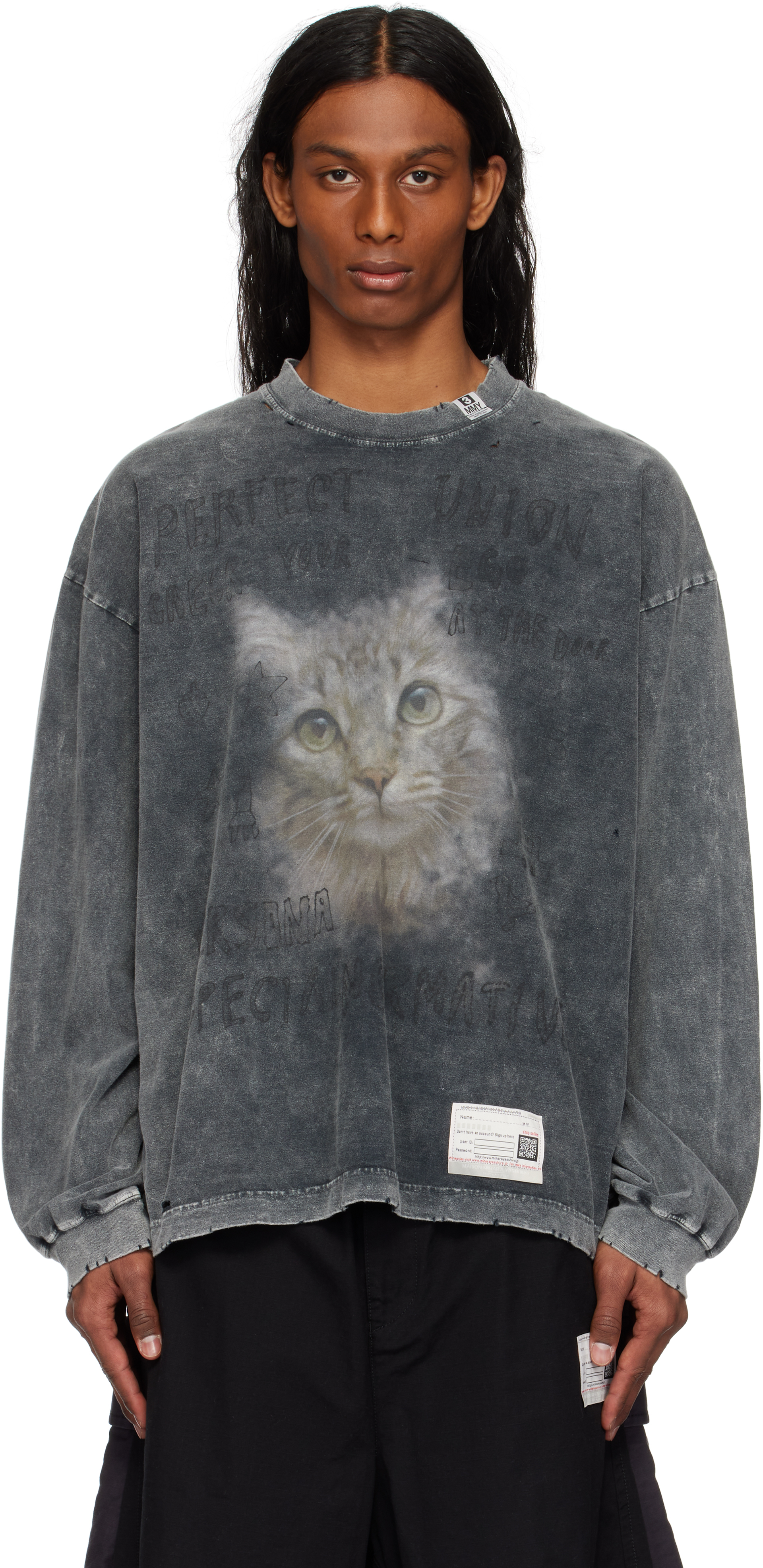 Black Bleached Cat Print Long Sleeve T-shirt