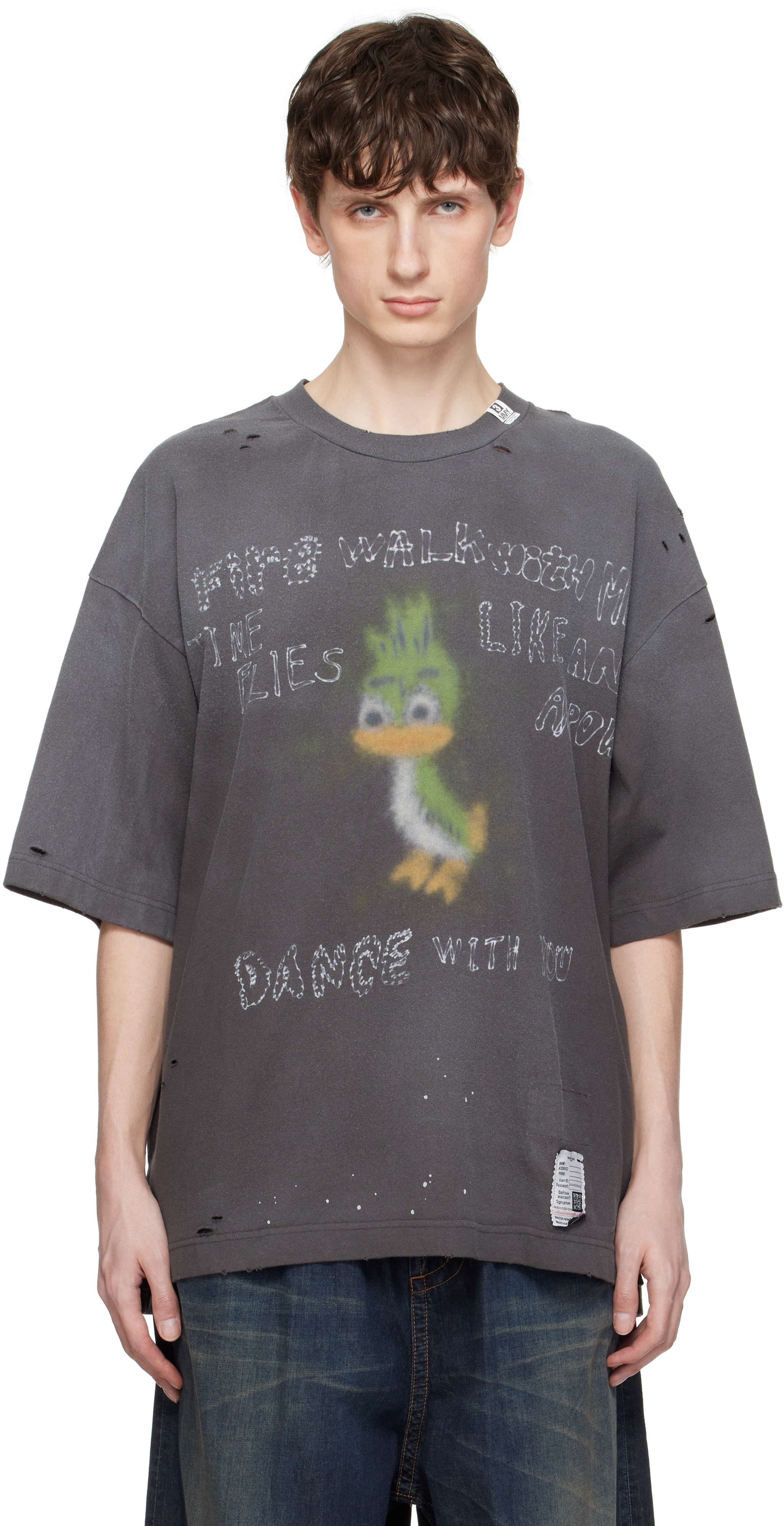 Black Leon Print Distressed T-shirt