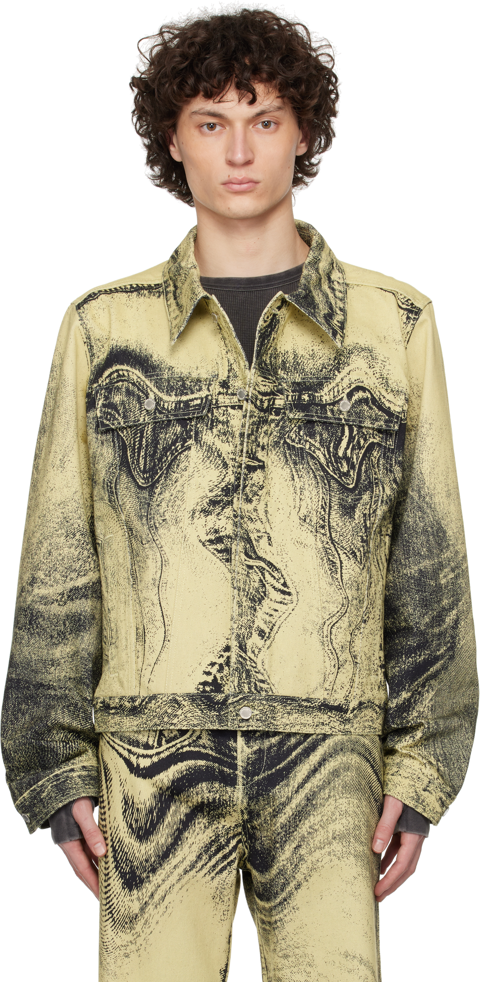 Shop Camperlab Yellow & Black Distorted Print Denim Jacket In Yellow-black