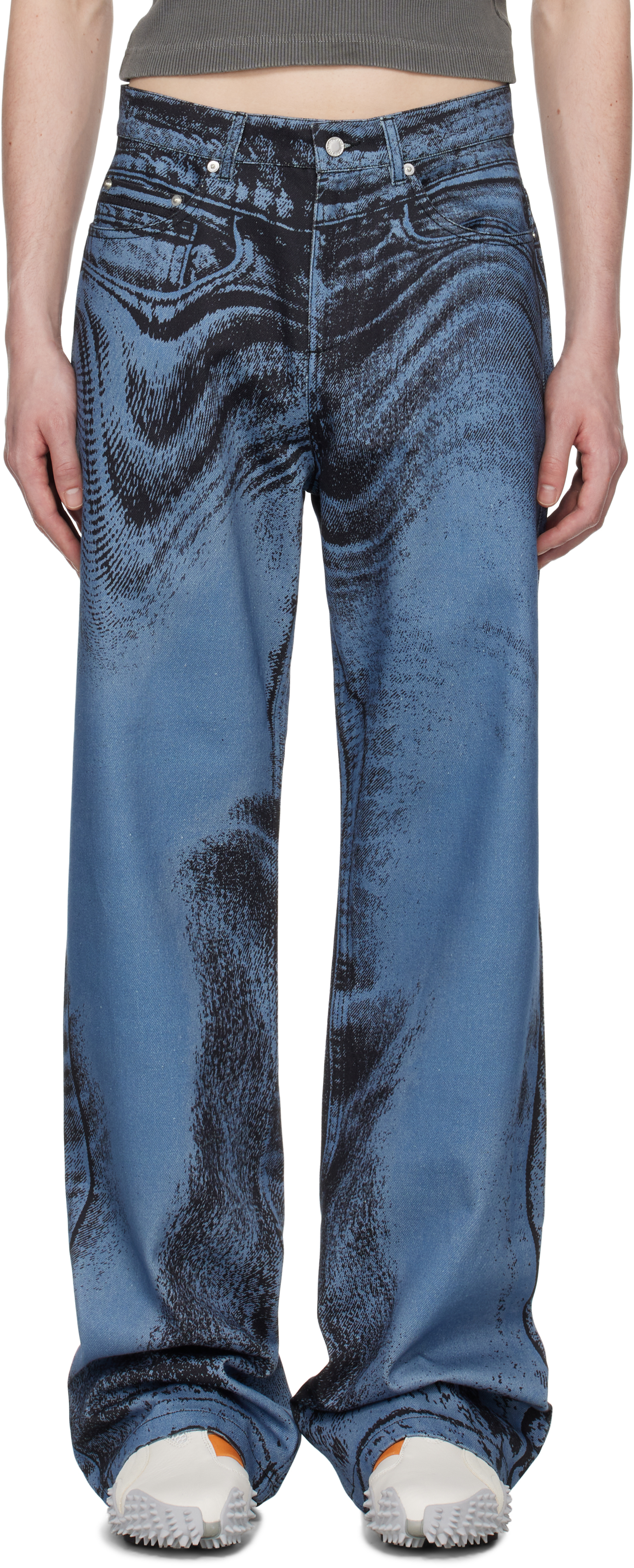 Blue & Black Distorted Print Denim Jeans